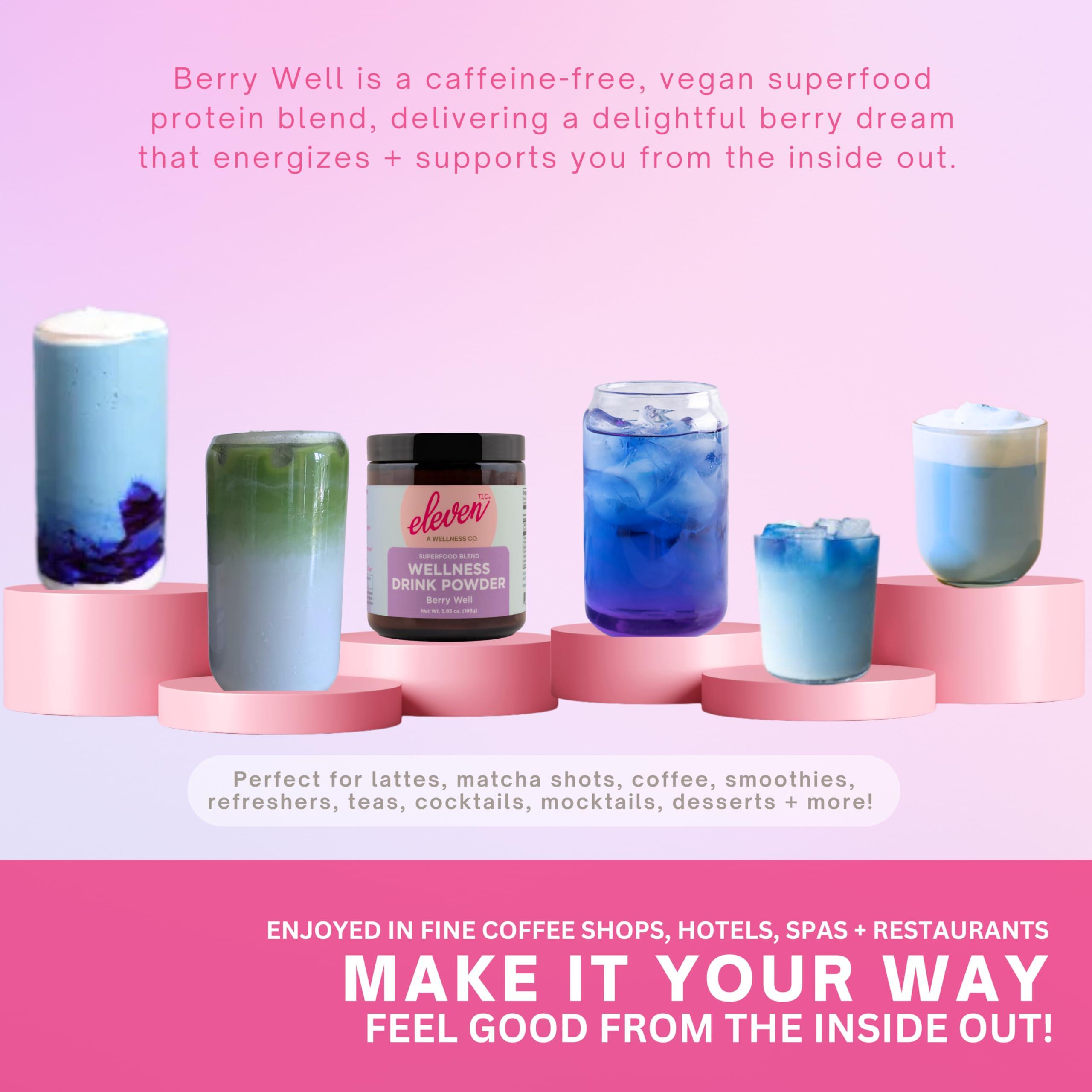 ELEVEN TLC A WELLNESS CO. Eleven TLC, Berry Well Superfood Wellness Drink Latte + Mix, Caffeine-Free, or Herbal Tea, Blue Spirulina, Blue Butterfly Pea Flower, Organic Maca, Keto Friendly, Vegan, 63 Servings
