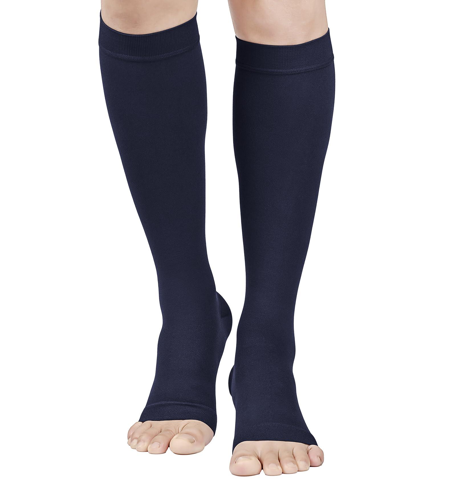 MGANG MGANG 20-30 mmHg Compression Stocking for Men and Women, Medical Compression Socks, Knee High Length, Open Toe, for DVT, Varicose Veins, Relief Shin Splints, Edema, Navy Blue X-Large