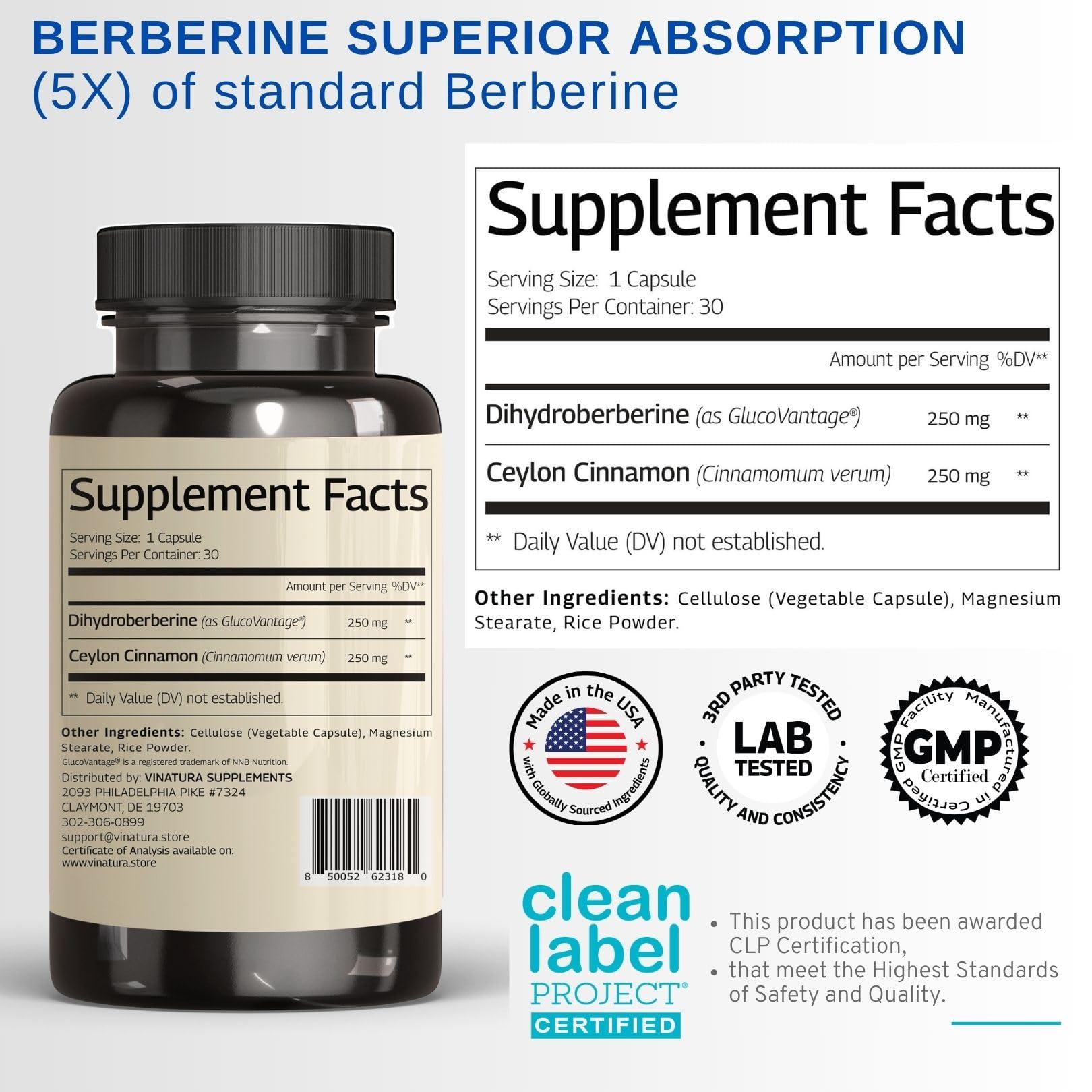 VINATURA VINATURA Dihydroberberine Supplement 500mg with Ceylon Cinnamon - (Patented GlucoVantage Super Berberine), Maybe Berberine 5X More absorbable - 30 Capsules