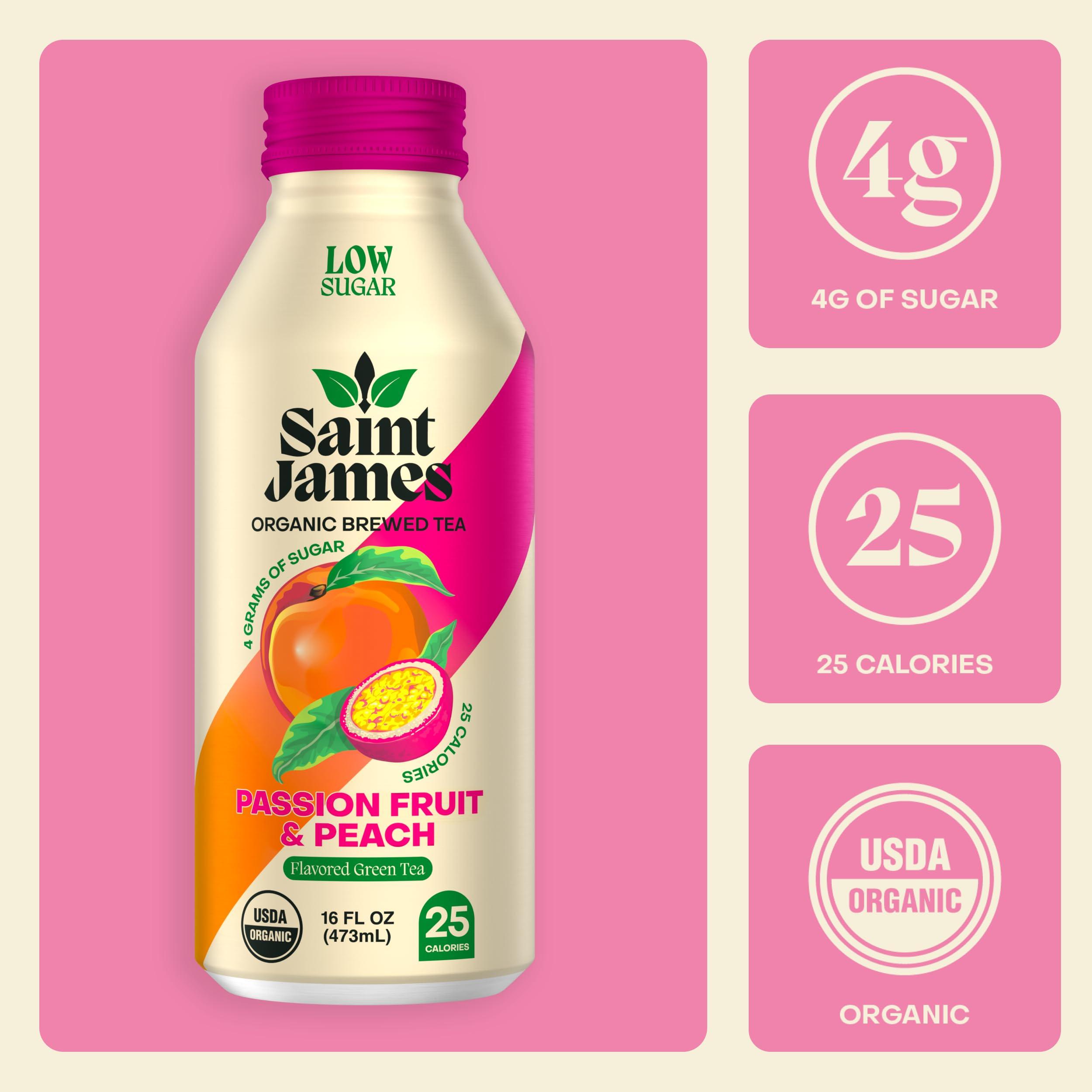 Saint James Iced Tea Saint James Iced Tea - Organic Green Tea - Non GMO, Gluten Free, Low Calorie & Low Sugar - Passion Fruit & Peach, 12 Pack (16.9 fl oz each)