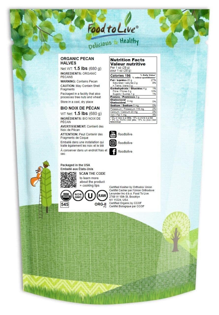 Food to Live Food to Live Organic Pecan Halves, 1.5 Pounds Non-GMO, Kosher, Raw Pecan Nuts, Unsalted, Vegan, Kosher, Shelled, Sirtfood, Bulk. Good source of Calcium, and Zinc. Great for Pecan Pie, Salads, Mixes