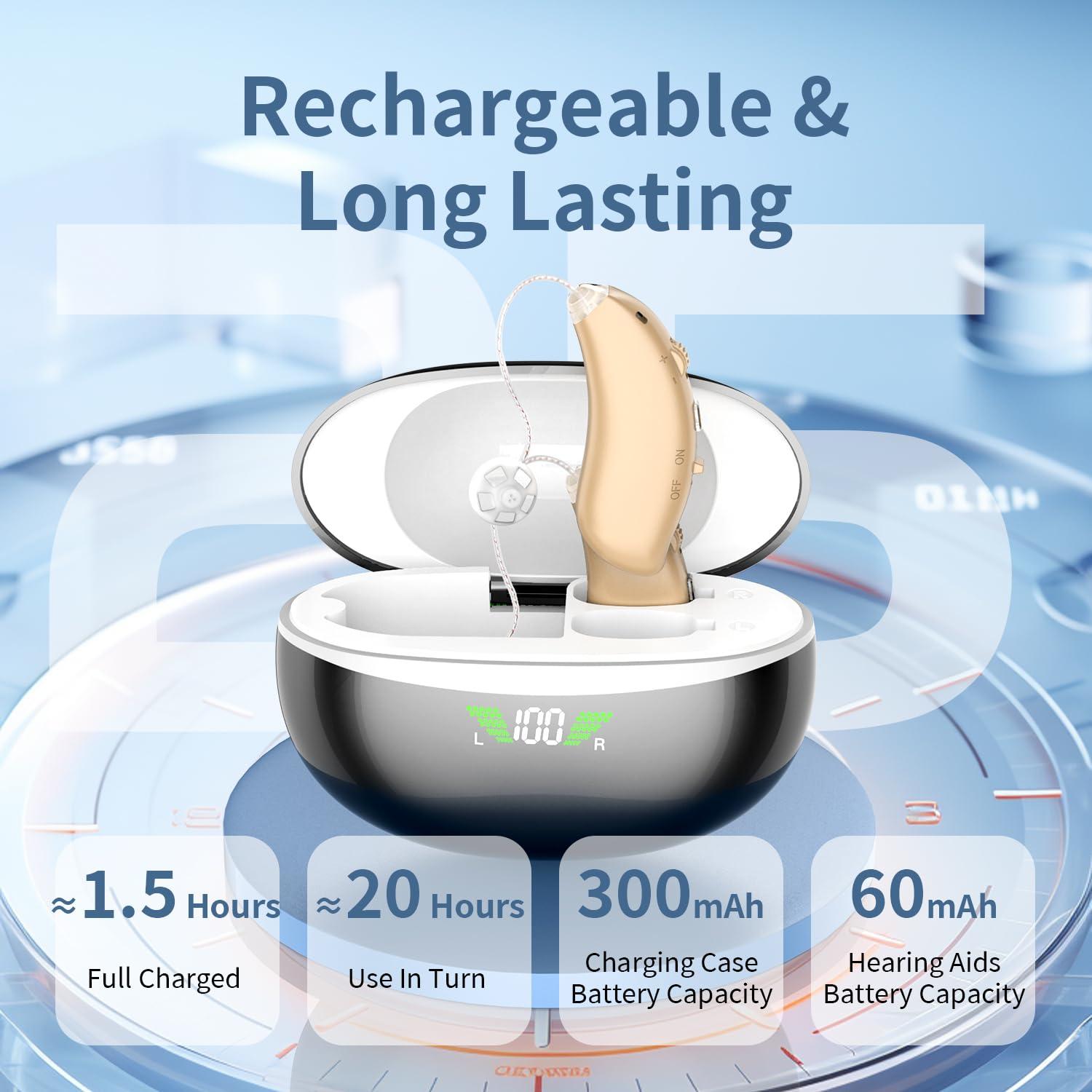 OMAGISM hearing aids for seniors rechargeable with noise cancelling,, 16 Channels Digital RIC Hearing Aids with Real Voice, Invisible Comfortable without Whistling Charging Box Displaying PowerOTC hearing