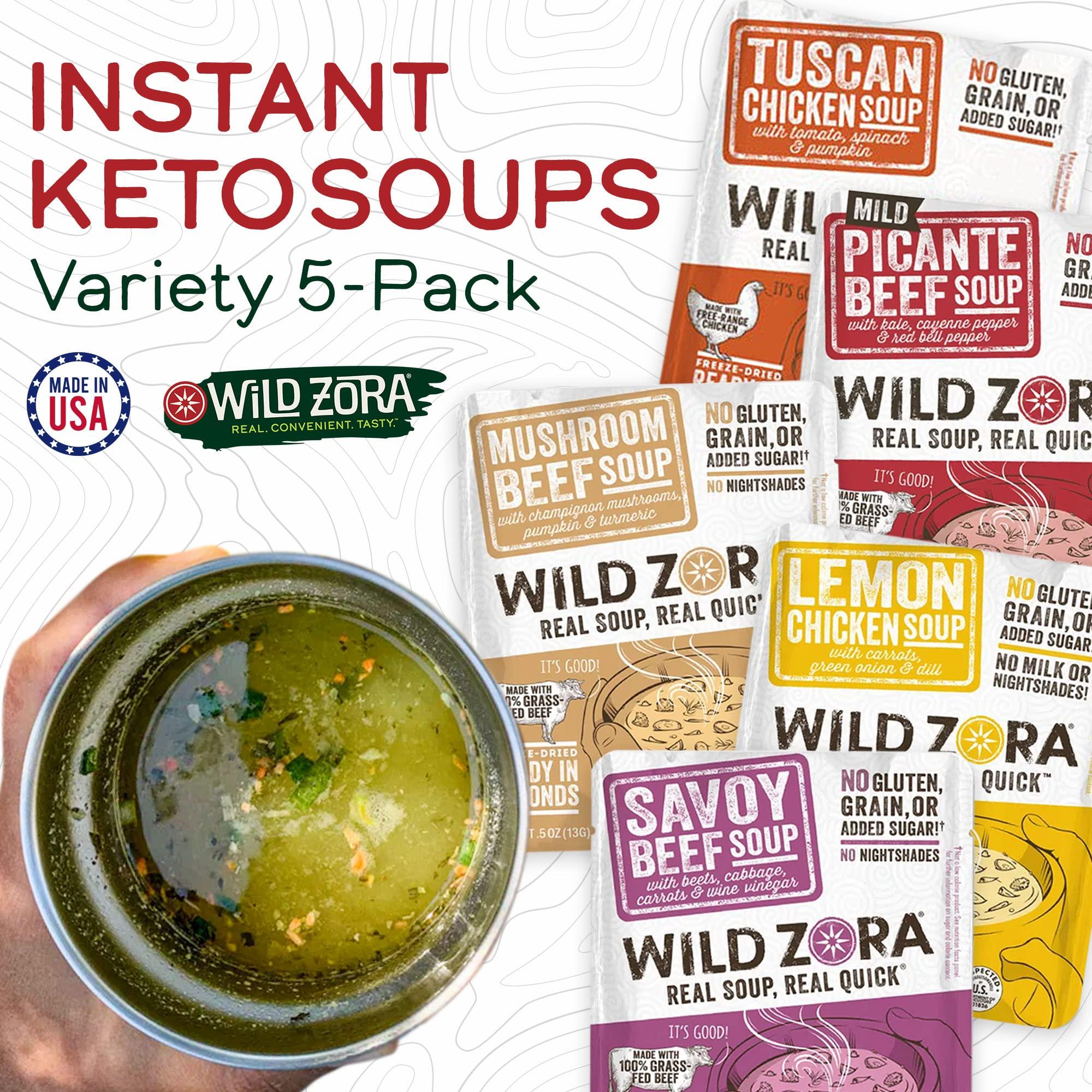 WILD ZORA Wild Zora Instant Keto-Friendly Soups 5-Pack Variety, Broth Made with Grass-Fed Beef, Free-Range Chicken, and Vegetables, Gluten-Free, Low Carb, No Added Sugar, Flavorful Pantry Staples - 0.5oz/13g