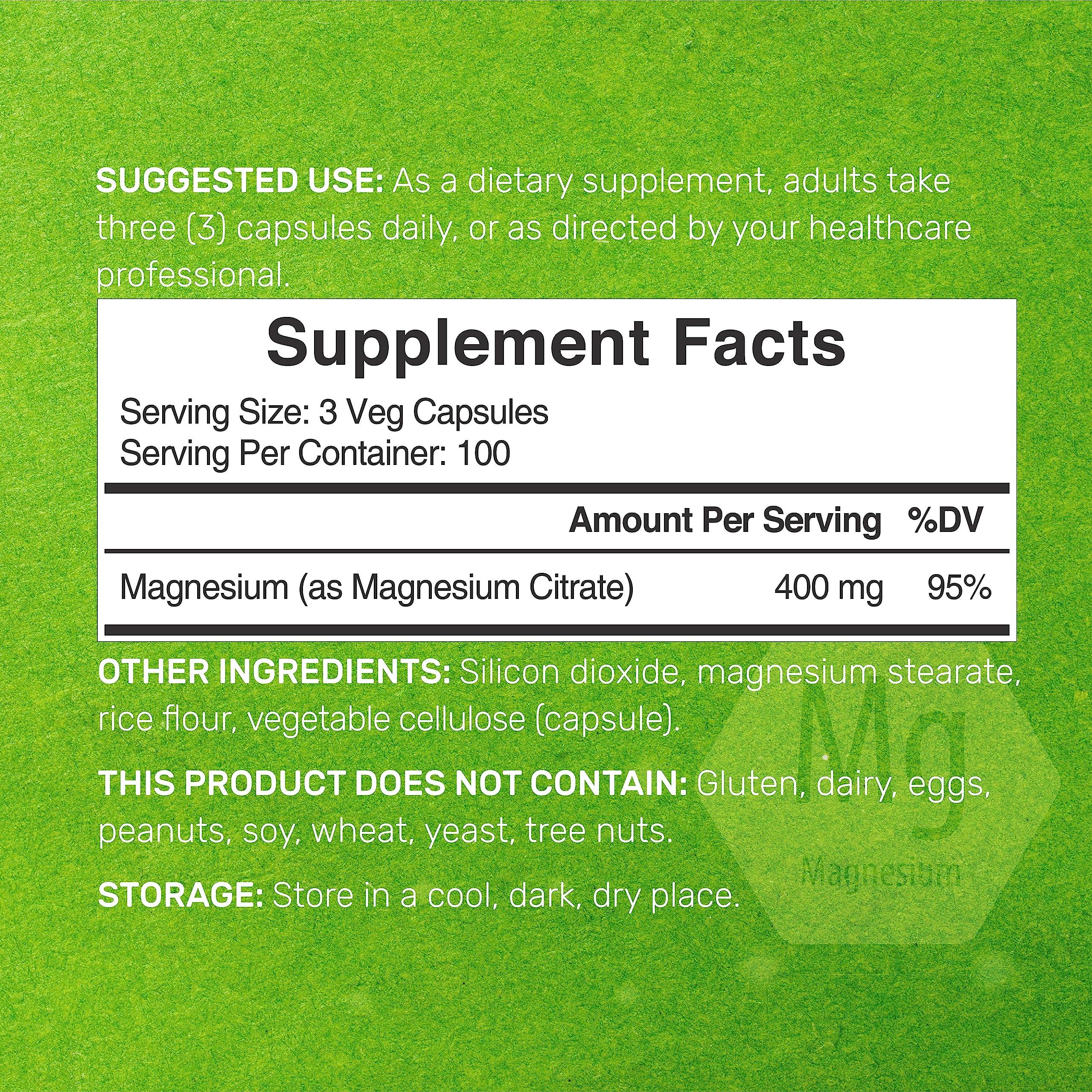 DEAL SUPPLEMENT Magnesium Citrate 400mg Per Serving, 300 Veggie Capsules Chelated, Easily Absorbed, Purified Trace Mineral Muscle, Heart, & Digestive Support Non-GMO