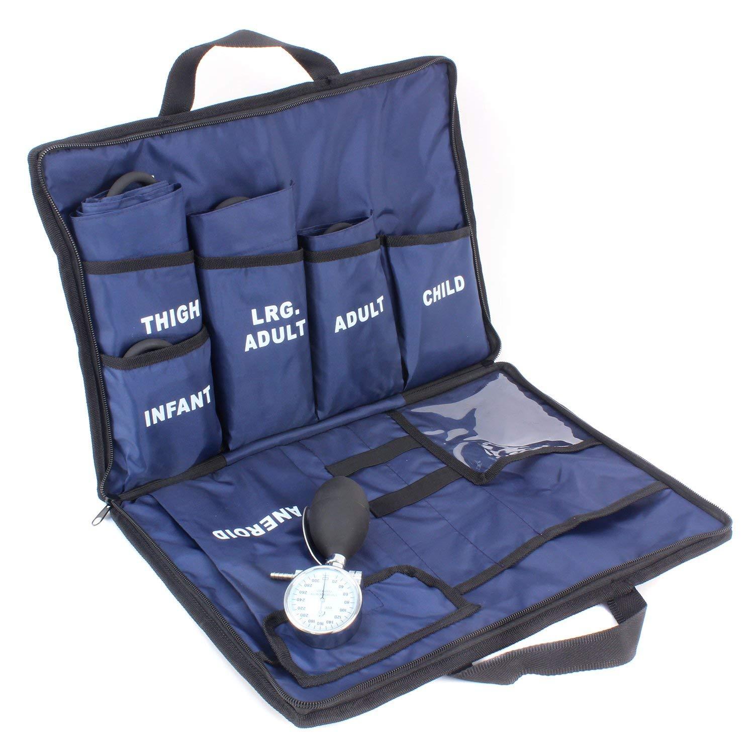 Dixie EMS Dixie EMS Aneroid Sphygmomanometer Kit, Manual Blood Pressure Monitor Set with 5 Cuffs for Infant, Child, Adult, Large Adult, Thigh, & Carrying Case – Blue