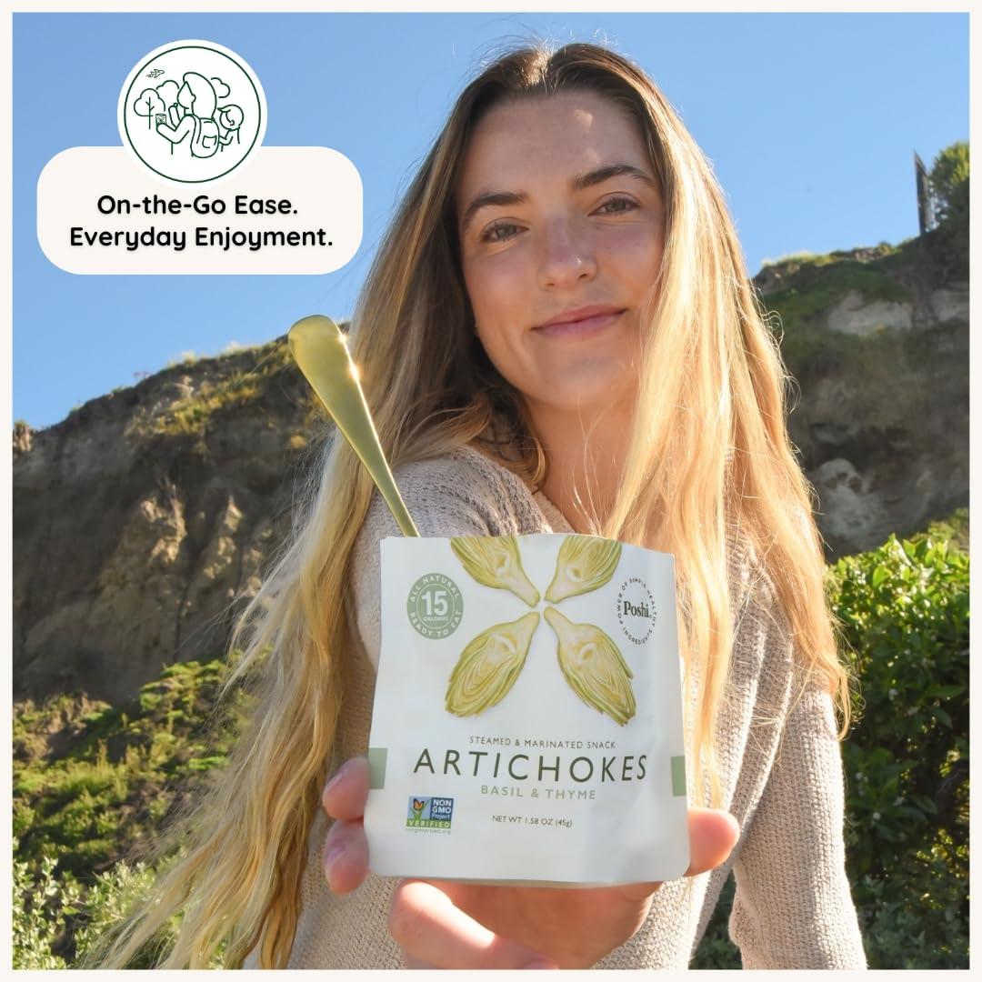 Poshi POSHI Marinated Artichoke Hearts Snack Pack | Basil + Thyme | Keto, Vegan, Paleo, Non GMO, Low Carb + Calorie, Gluten Free, Fully Cooked Vegetables, Gourmet, Healthy, All Natural (10 Pack, 1.58 oz)