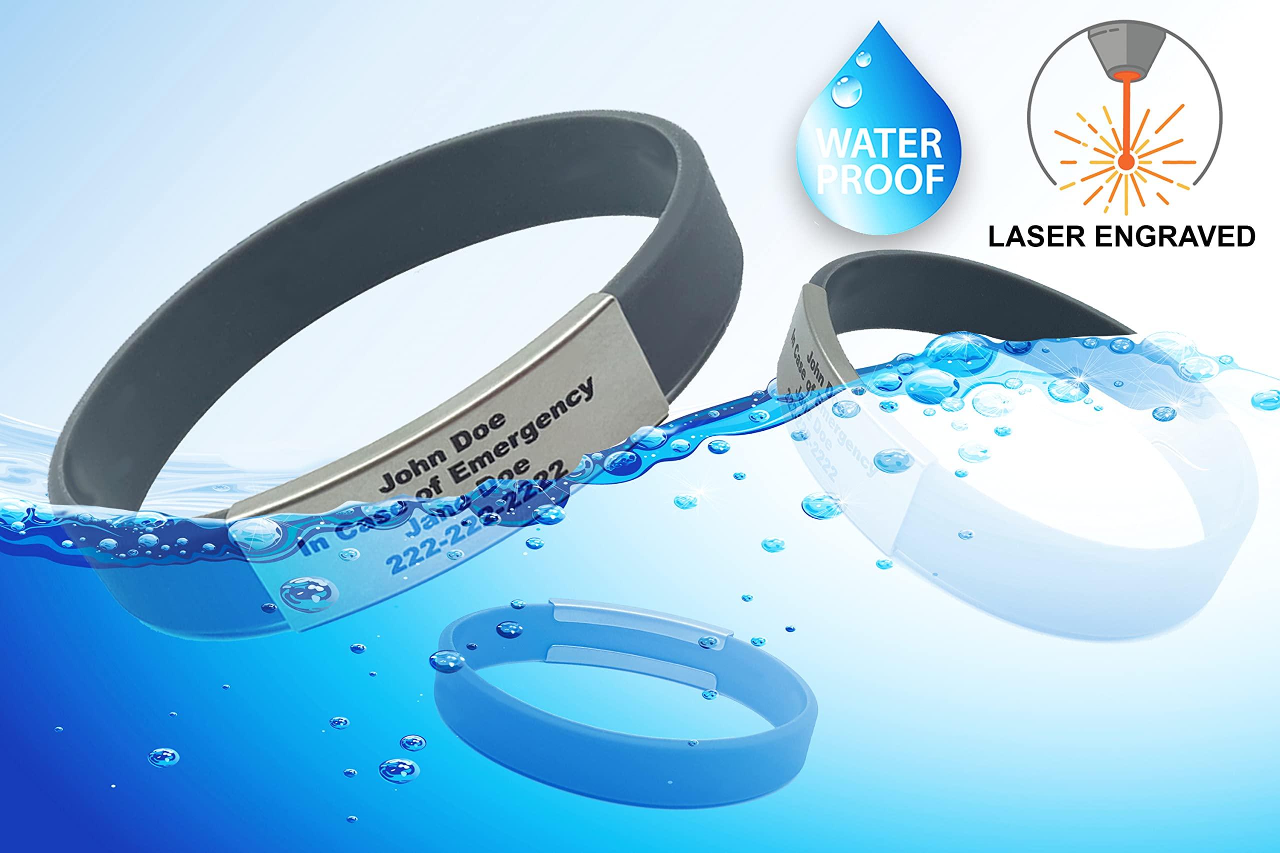 Universal Medical Data Custom Silicone Rubber Bracelet Medical Alert Wristbands for Men & Women Personalized with Engraved Stainless Steel Plate Durable Waterproof Bands for Emergency Information