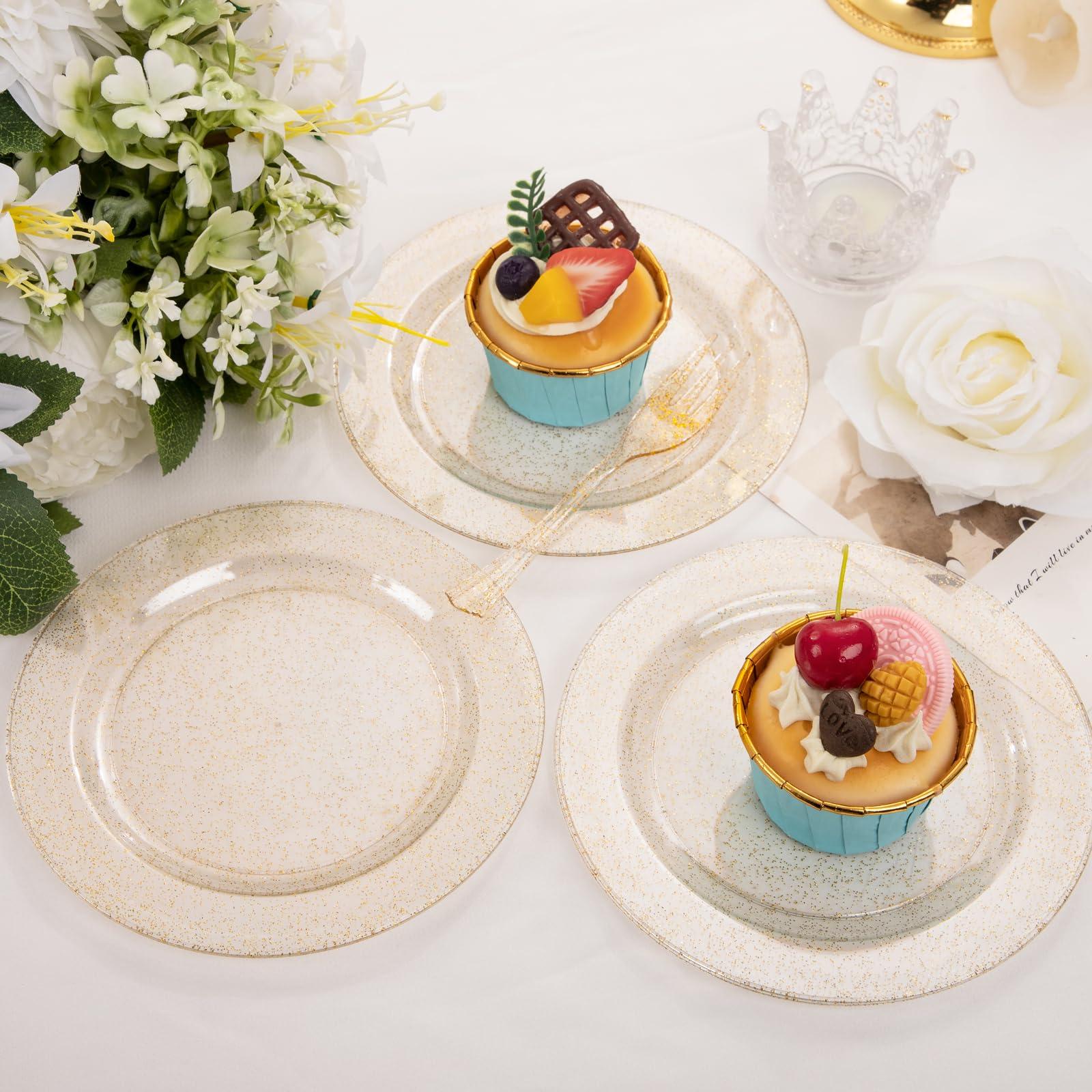WELLIFE WELLIFE 60PCS Gold Glitter Dessert Plates and 60PCS Plastic Forks, 6.5 inch Disposable Dessert Plates for 60 Guests, Durable Gold Glitter Cake Plates, Perfect for Party