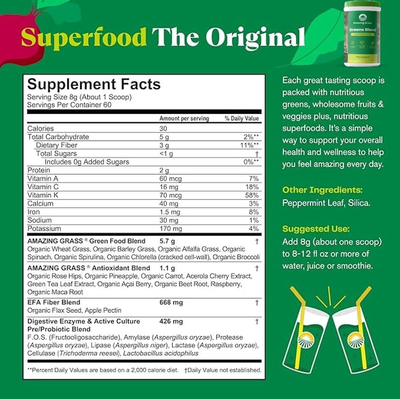 Amazing Grass Amazing Grass Greens Blend Superfood: Super Greens Powder Smoothie Mix for Boost Energy, 60 Servings & Nature Fuel Power Beets Powder, Beet Root Powder, Support Natural Energy, 60 Servings