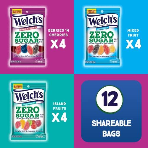 Welch's Welch’s Fruit Snacks, Zero Sugar Variety Pack with Mixed Fruit, Berries 'N Cherries & Island Fruits, Gluten Free, 3 oz (pack of 12)