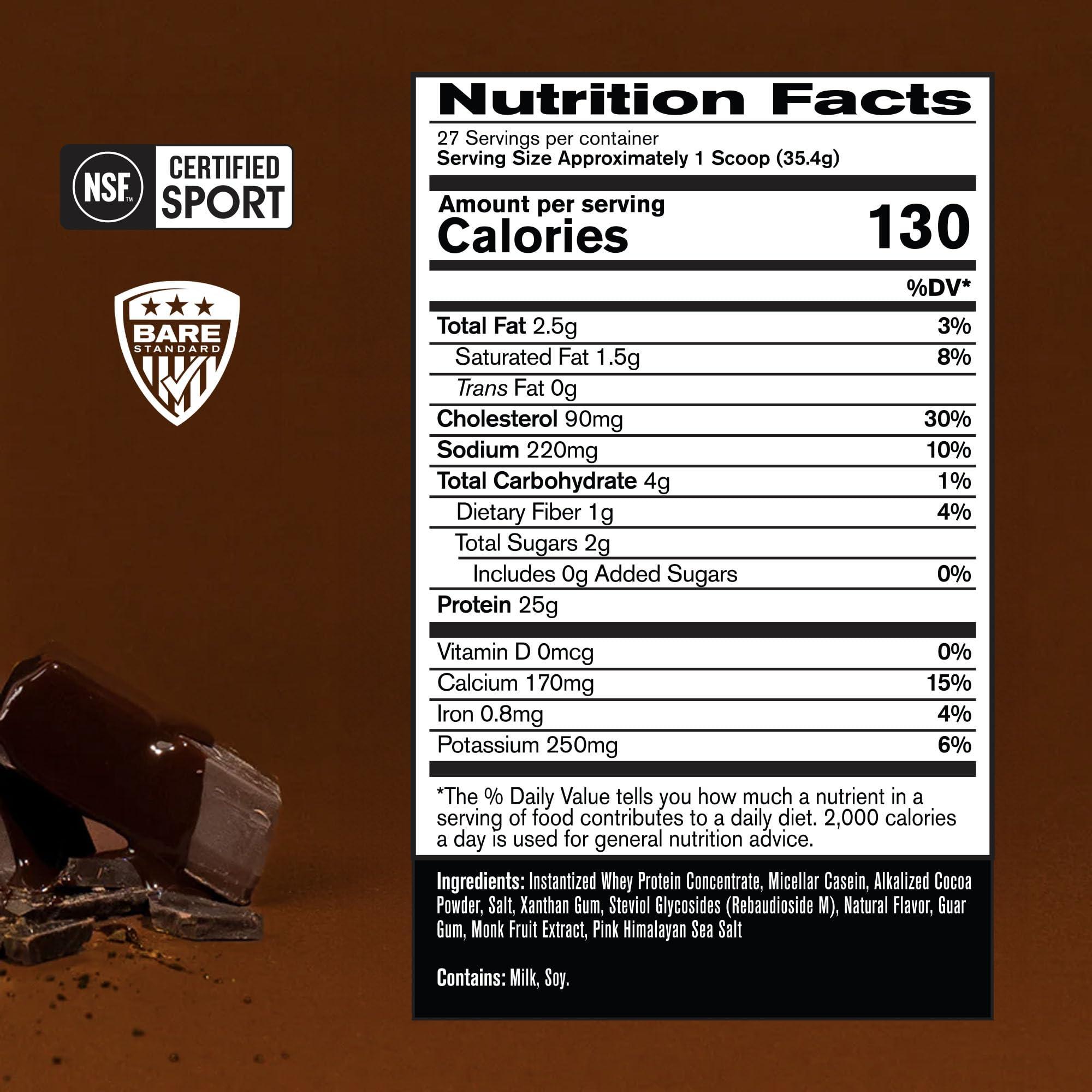 BARE PERFORMANCE NUTRITION BARE PERFORMANCE NUTRITION, BPN Whey Protein + Casein Protein Powder Blend, Fudge Chocolate, 25g Protein per Serving Supports Lean Muscle Recovery, 27 Servings, Third Party Tested