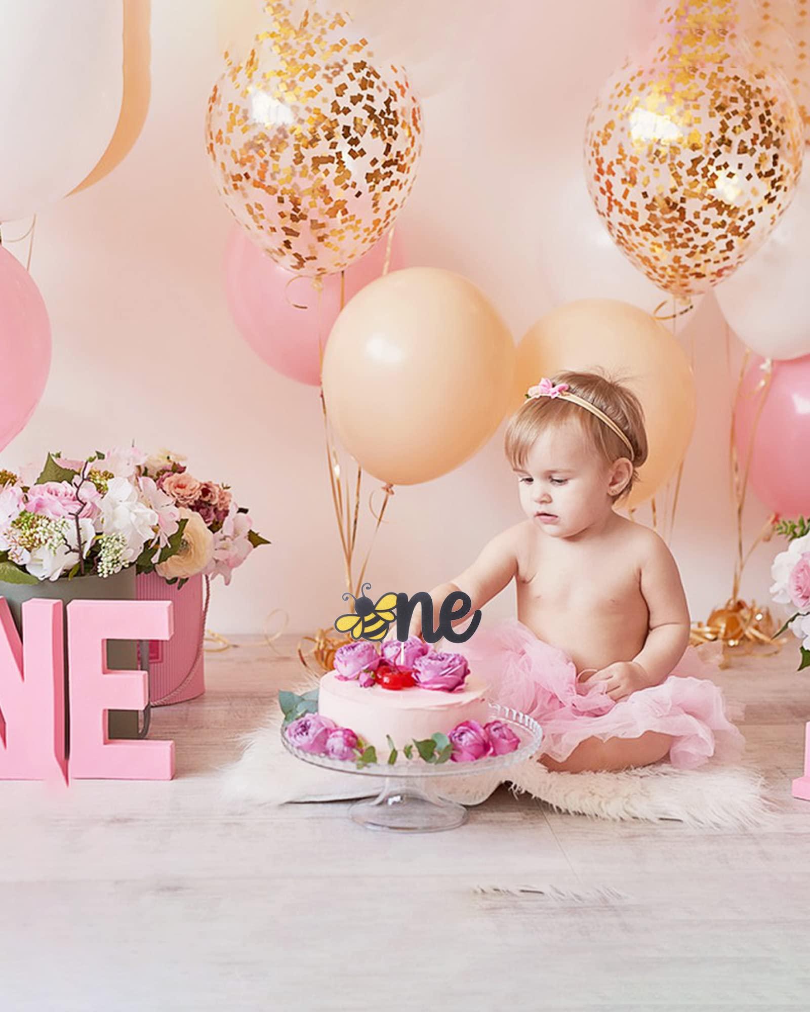 LeeLeeAn One Birthday Bee Cake Topper - Bumble bee Theme Baby first Birthday Party Gender Reveal Cake TopperGold Happy 1st anniversary cake topper