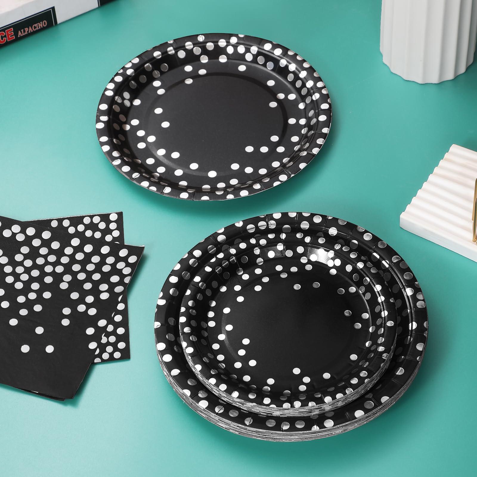 Boocikey 150 PCS Black Plates and Napkins Party Supplies,Black Paper Plates Severs 50,Black and Silver Party Decorations for Birthday Retirement Wedding New Years Decorations