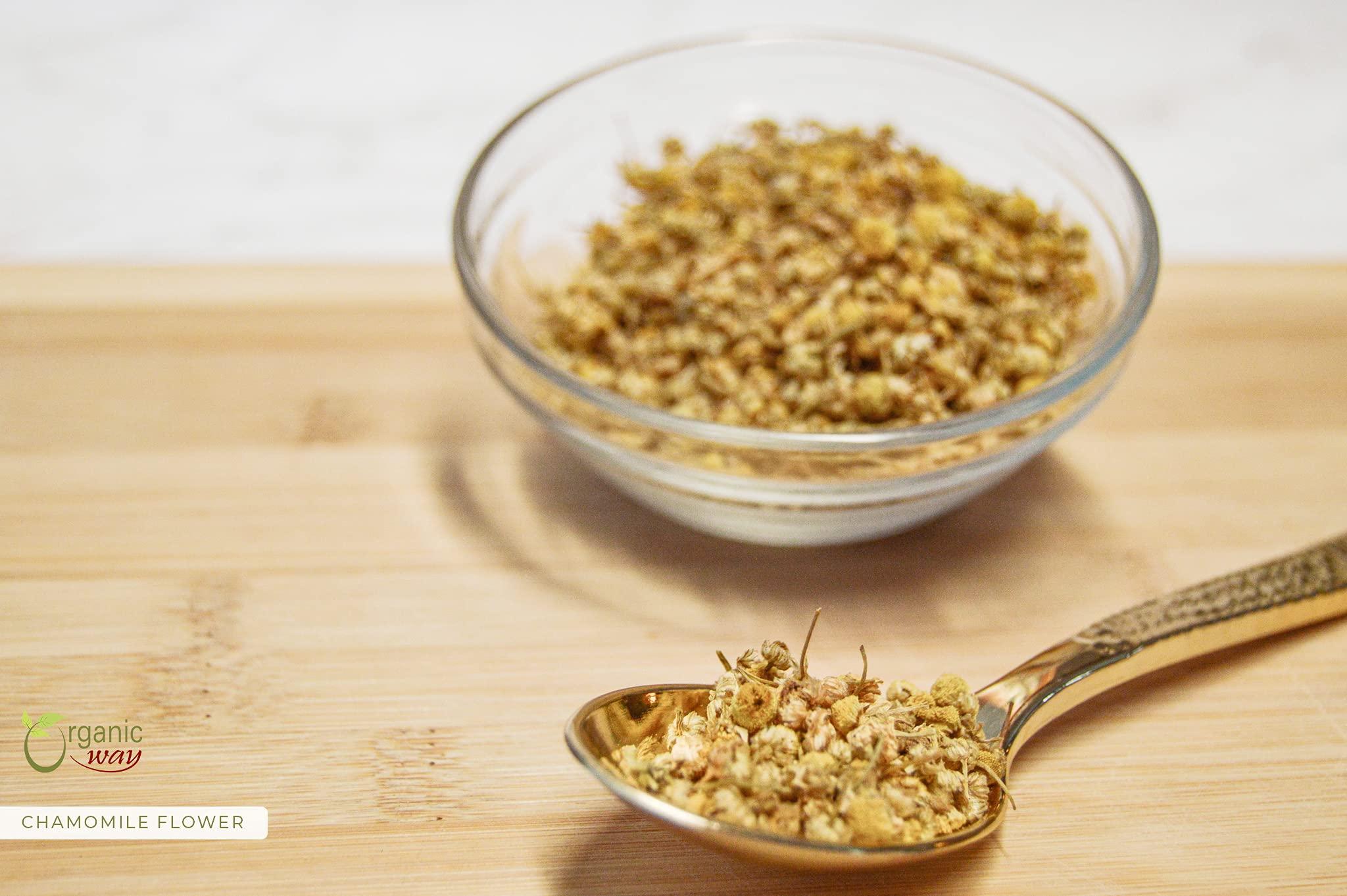 Organic Way Organic Way Chamomile Flower Whole (Matricaria chamomilla) - Herbal Tea | European Wild-Harvest | Kosher & USDA Certified | Vegan, Non-GMO & Gluten Free | 100% Raw from Albania (1/2LBS / 8Oz.)
