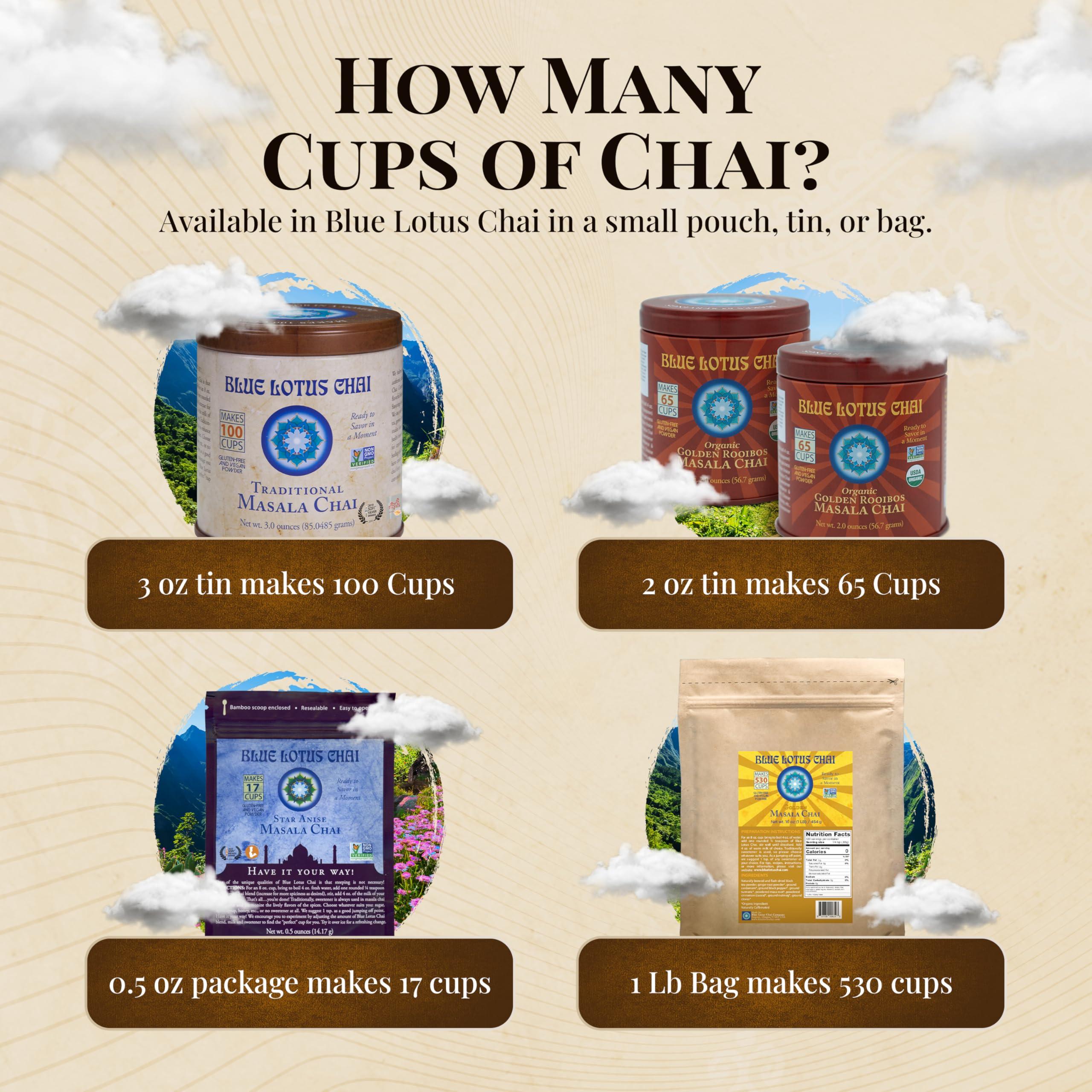BLUE LOTUS CHAI Blue Lotus Chai - Golden Rooibos Flavor Masala Chai - Makes 65 Cups - 2 Ounce Masala Spiced Chai Powder with Organic Spices - Instant Indian Tea No Steeping - No Gluten