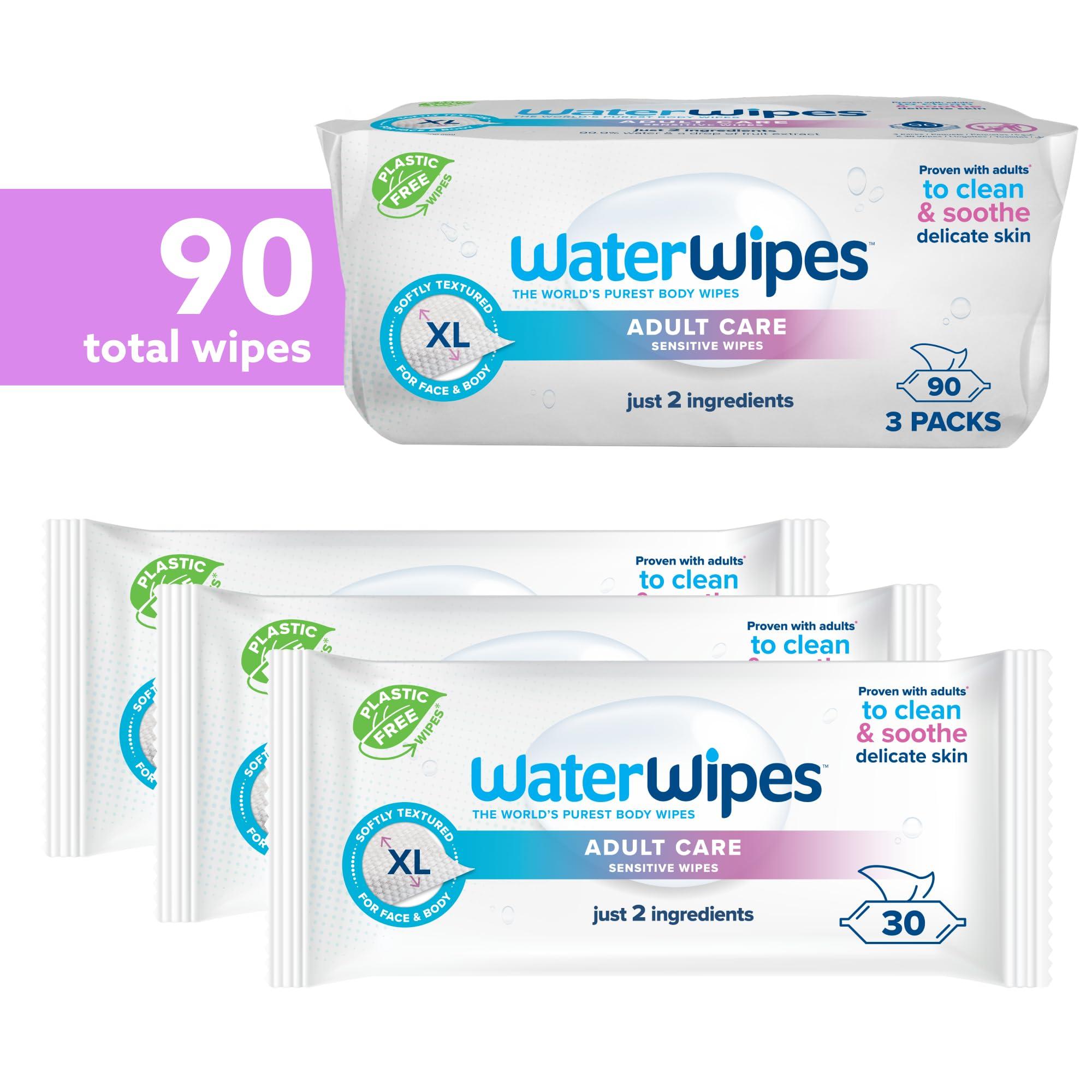 WaterWipes WaterWipes Adult Care Sensitive Body & Intimate Hygiene Wipes, 90 Wipes (3 Packs), Extra Large Textured, 99.9% Water-Based, For Everyday Personal Uses
