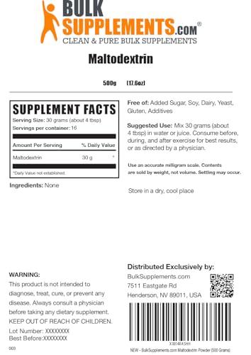 BulkSupplements BulkSupplements.com Maltodextrin Powder - Maltodextrin Supplement for Energy Boost, Maltodextrin Food Grade - Unflavored & Gluten Free, 30g per Serving, 500g (1.1 lbs) (Pack of 1)