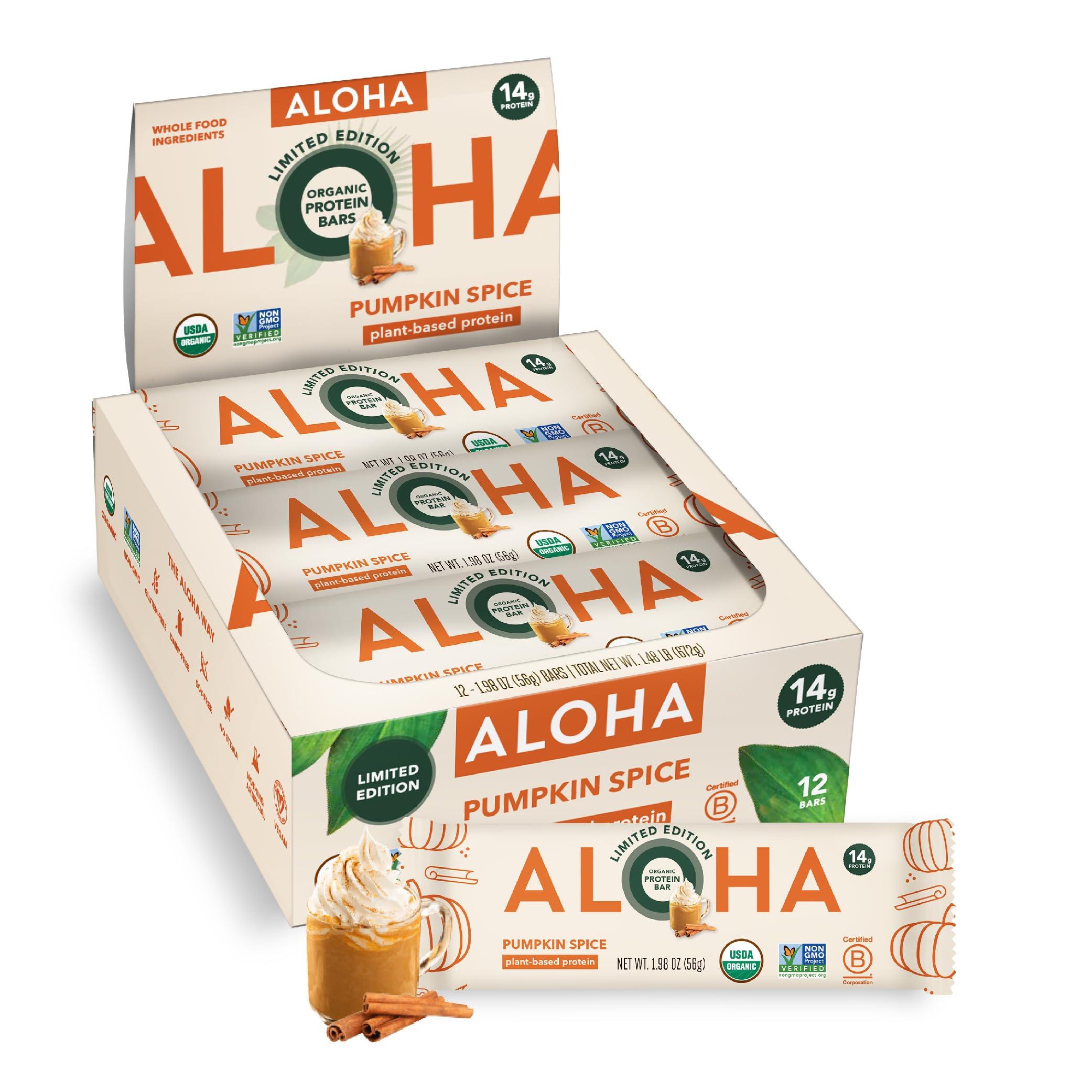 ALOHA ALOHA Organic Plant Based Protein Bars - Pumpkin Spice, Vegan, Low Sugar, Gluten-Free, Low Carb, Non-GMO, No Stevia, No Erythritol - LIMITED EDITION, 12 Count (Pack of 1)