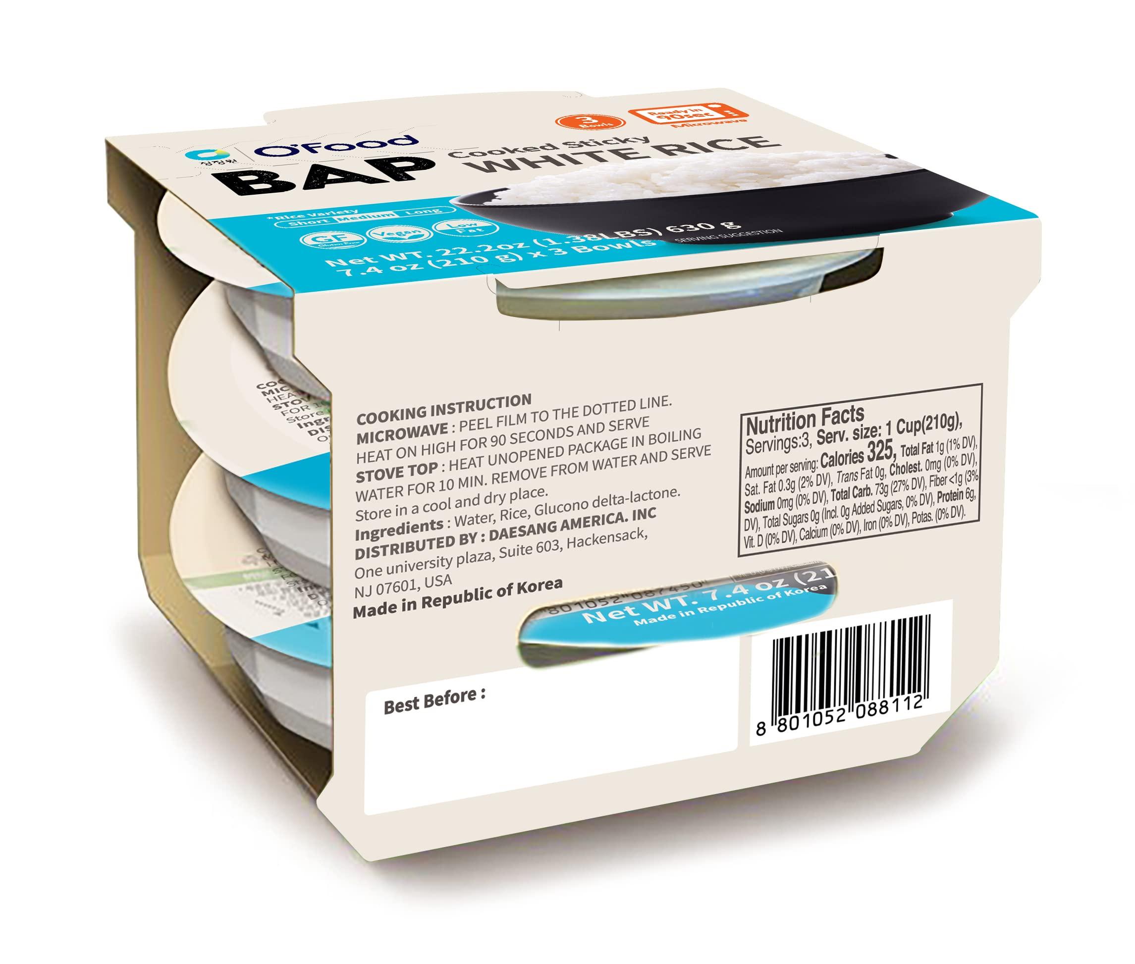 C O'Food O\'Food BAP Instant Rice (Pack of 3), Korean Cooked White Rice, Microwavable, Gluten-Free Sticky Rice Bowl, Asian Rice, Pantry Staple, Microwave Safe, Perfect with Kimchi, Noodles, Soup