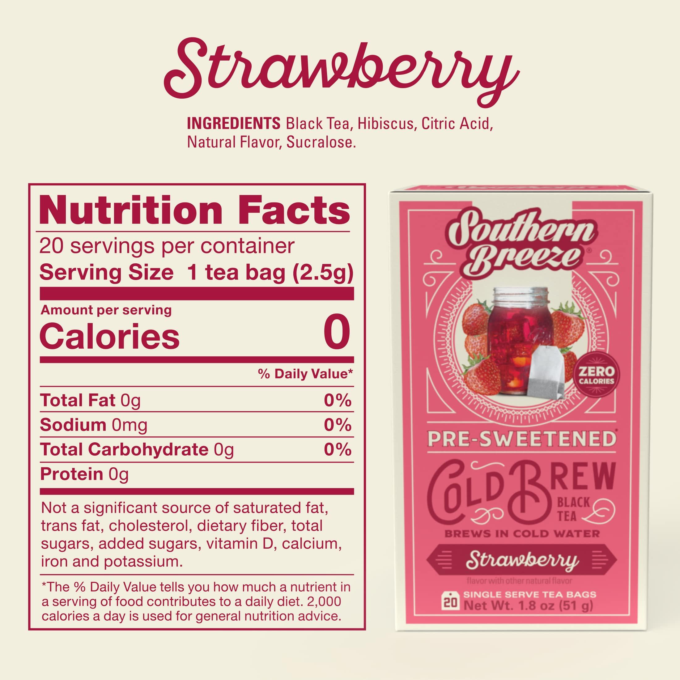 Southern Breeze Southern Breeze Cold Brew Sweet Tea Strawberry Iced Tea with Black Tea and Zero Carbs Zero Sugar, 20 Individually Wrapped Tea Bags Southern Sweet Tea Iced Tea Beverage