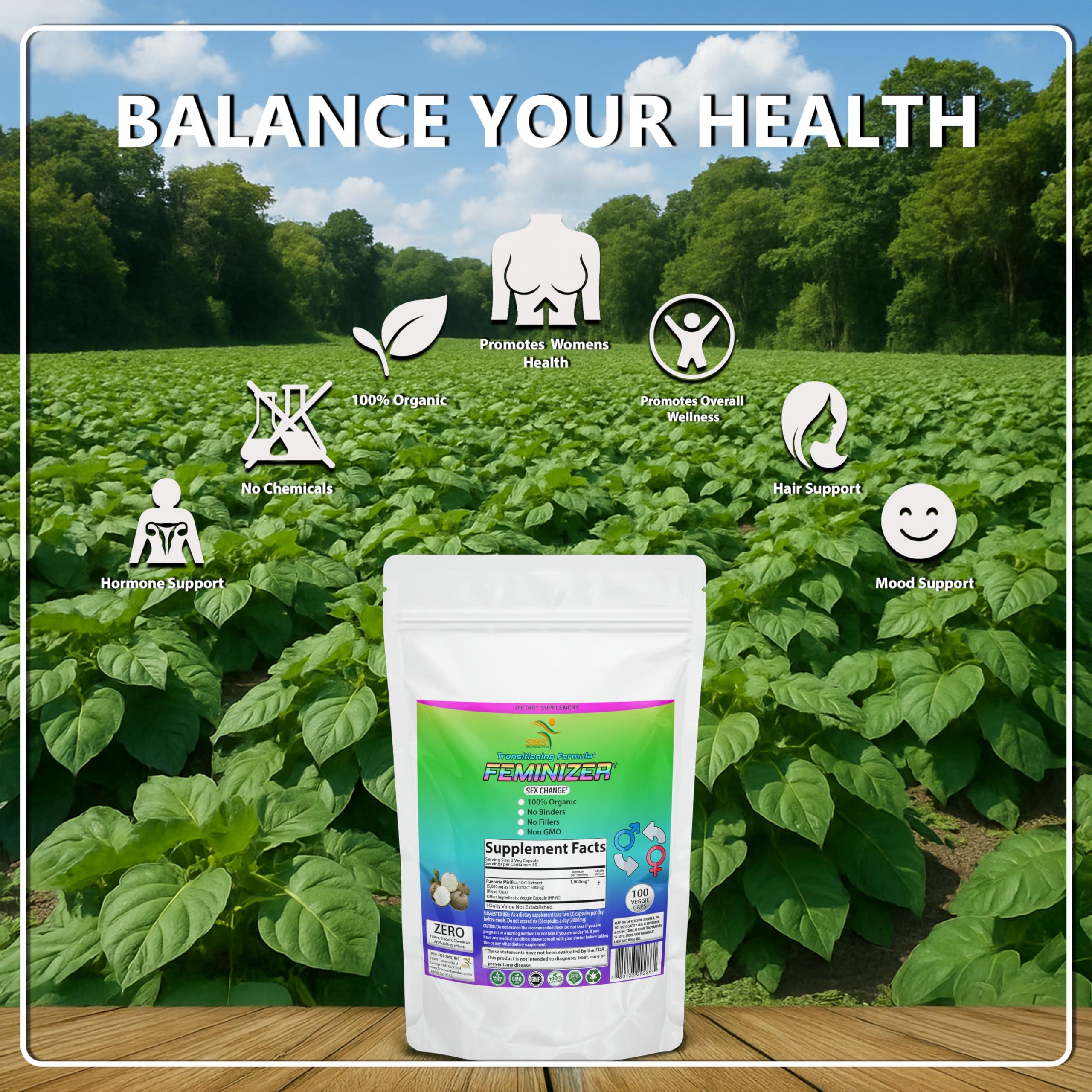 SMSHEALTHPRODUCTS.com Feminizer Sex Change Pills by SMS, 100 Veggie Caps Pueraria Mirifica For Estrogen 1,000mg Pure 10:1 Root Extract Powder - Kwao Krua Kao - Premium Grade, Organic for Women, Transgender, Ladyboy, LGBT