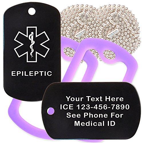 Goods For Giving Custom 2 Pack - Epileptic Medical Alert ID Necklaces with Black Custom Tags, Purple Silencers, and 30'' USA Chains