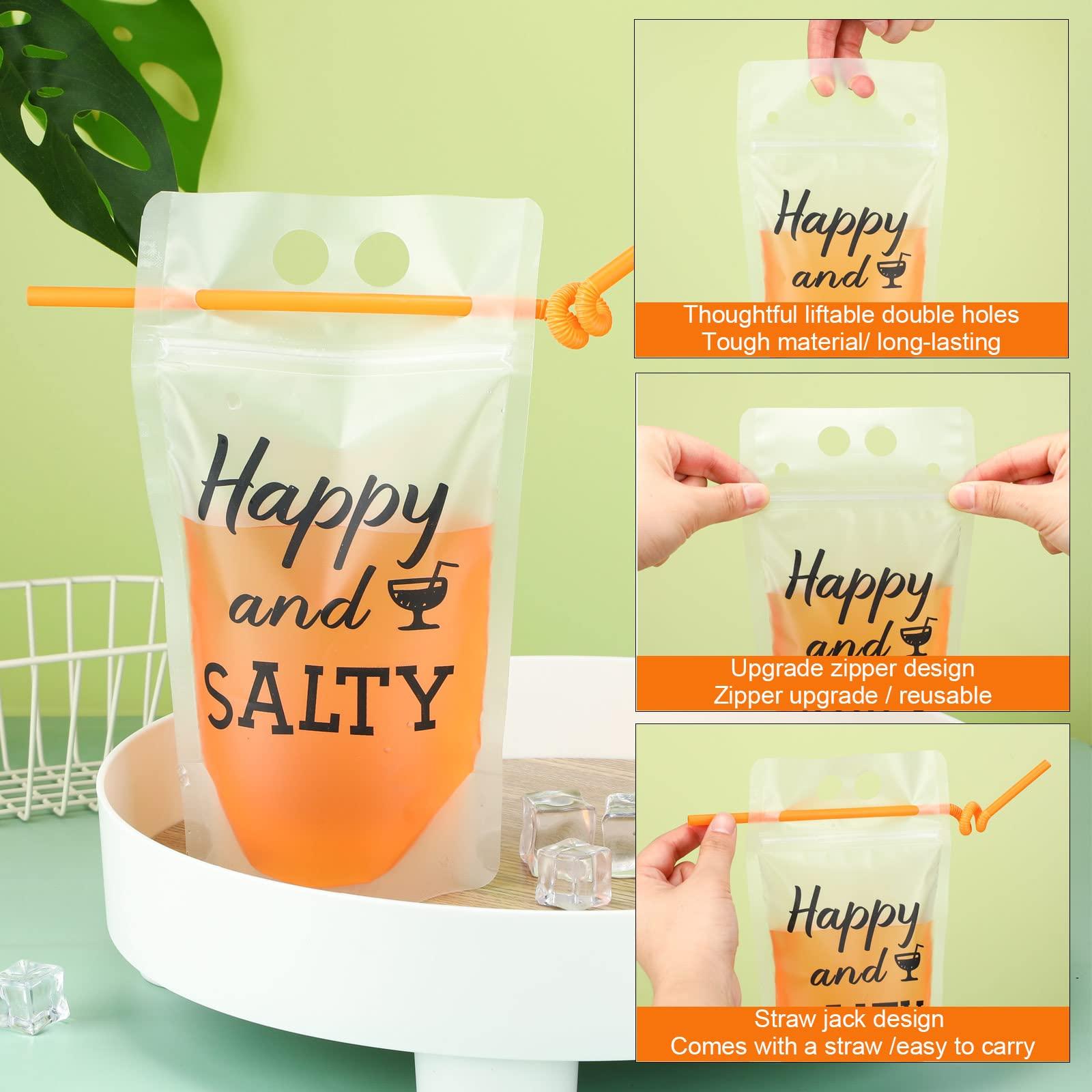 CHENGU Summer Drink Pouches with Straws Beach Drink Pouches for Adult Translucent Party Beverage Bags Stand up Juice Pouches Plastic Drink Container with Zipper Juice Freezer Bags for Party Favor (60 Sets)
