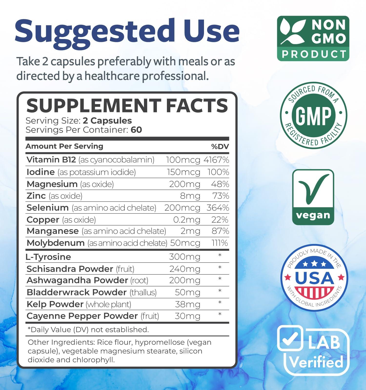 Healths Harmony Thyroid Support with Iodine - 120 Capsules (Non-GMO) Improve Your Energy - Ashwagandha Root, Zinc, Selenium, Vitamin B12 Complex - Thyroid Health Supplement for Women and for Men - 60 Day Supply