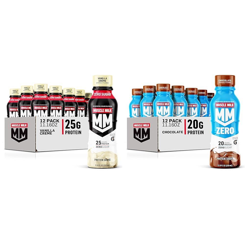Muscle Milk Muscle Milk Genuine Protein Shake, Vanilla Creme, 11.16 Fl Oz Bottle & Zero Protein Shake, Chocolate,20g Protein, Zero Sugar