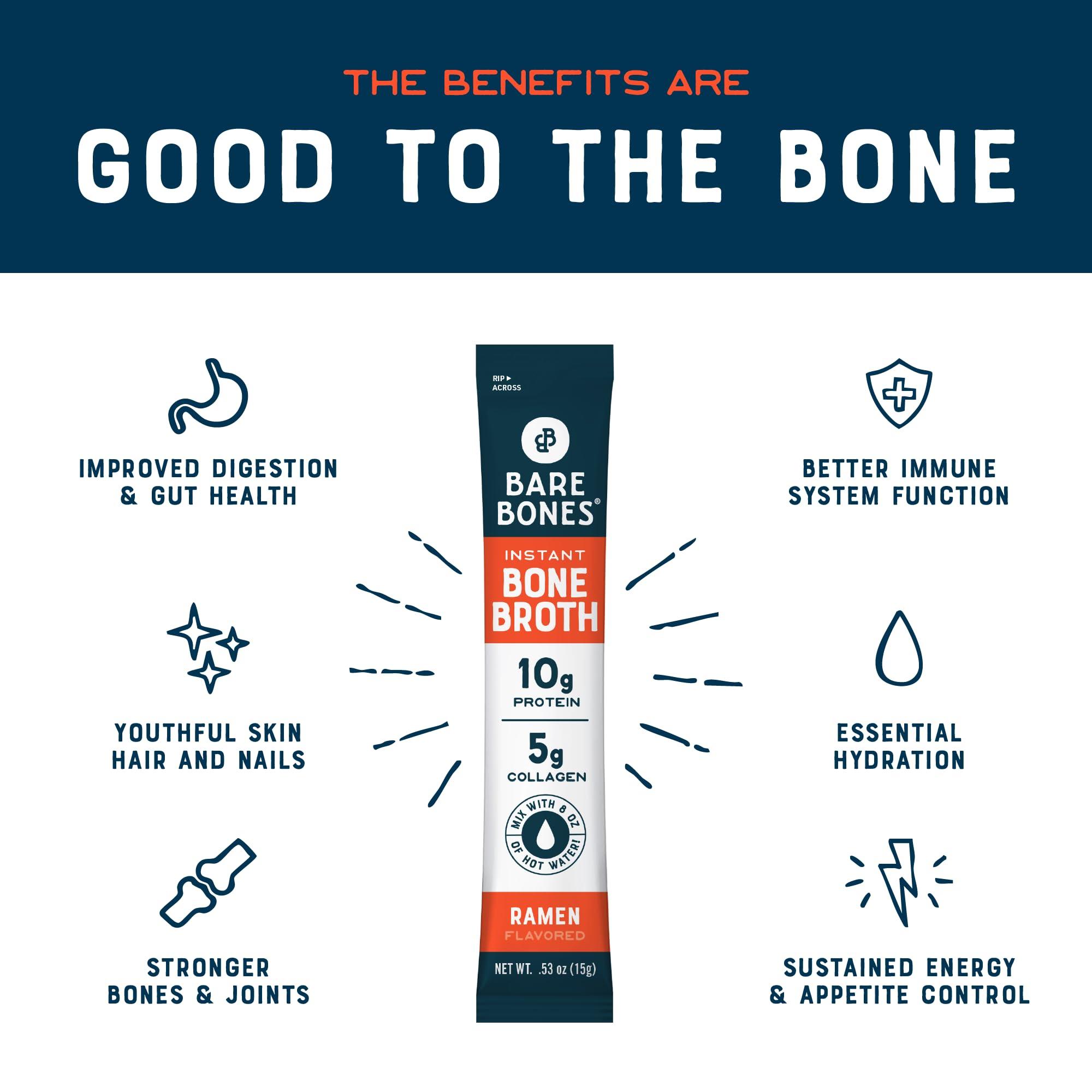 Bare Bones Bare Bones Bone Broth Instant Powdered Beverage Mix, Ramen, Pack of 8, 15g Sticks, 10g Protein, Keto & Paleo Friendly, Non-GMO, Gluten-Free, Dairy-Free