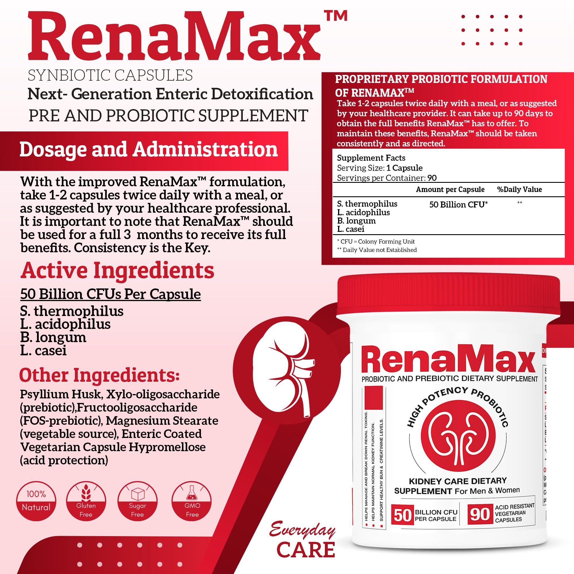 RENAMAX RENAMAX Capsule Kidney Restores & Kidney Care Supplement - Probiotic & Prebiotic Supplement to Support Normal Kidney Function - 50 Billion CFU per Capsule - Made in U.S.A (90 Caps (Pack of 1))