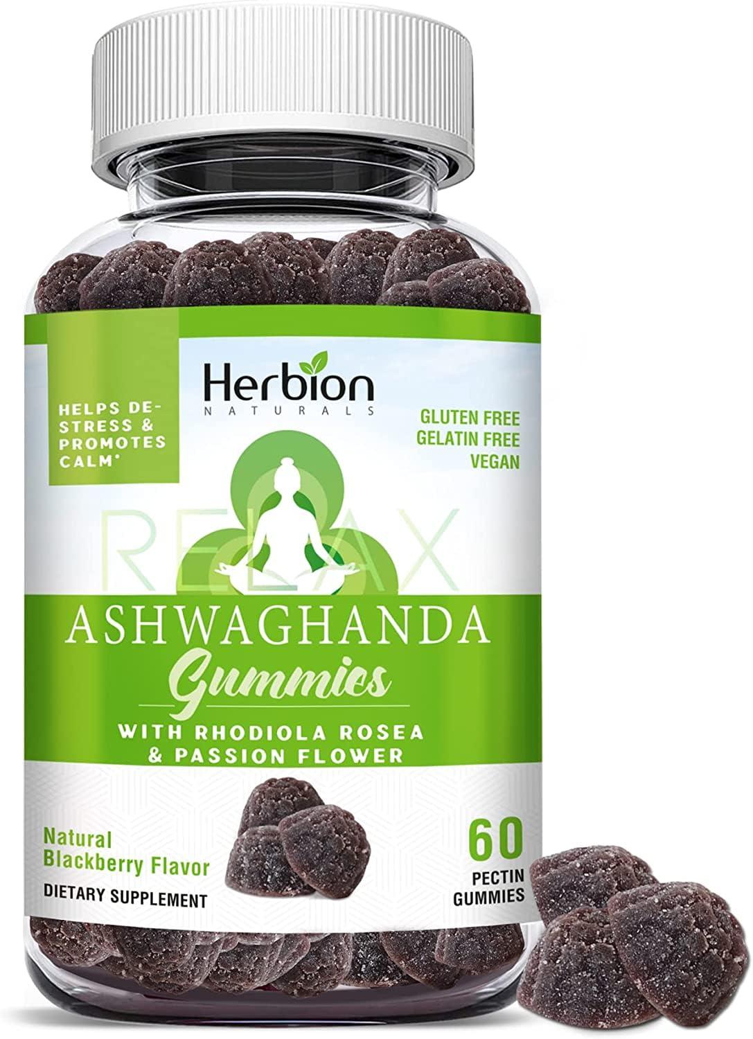 Herbion Naturals Herbion Naturals Ashwagandha Gummies with Herbal Blend, Helps De-Stress & Promote Calm*, Natural BlackBerry Flavor, Gluten-Free, 60 Pectin Gummies, Vegan, Made in USA, Pack of 4