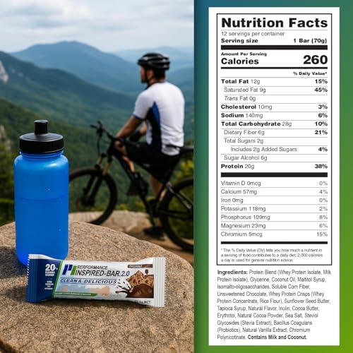 PERFORMANCE INSPIRED Performance Inspired Nutrition Protein Bar 2.0  20G Protein, 6G Fiber, 4G MCTs, 1 Billion CFU Probiotics  Gluten-Free  Chocolate Flavor  12 Count