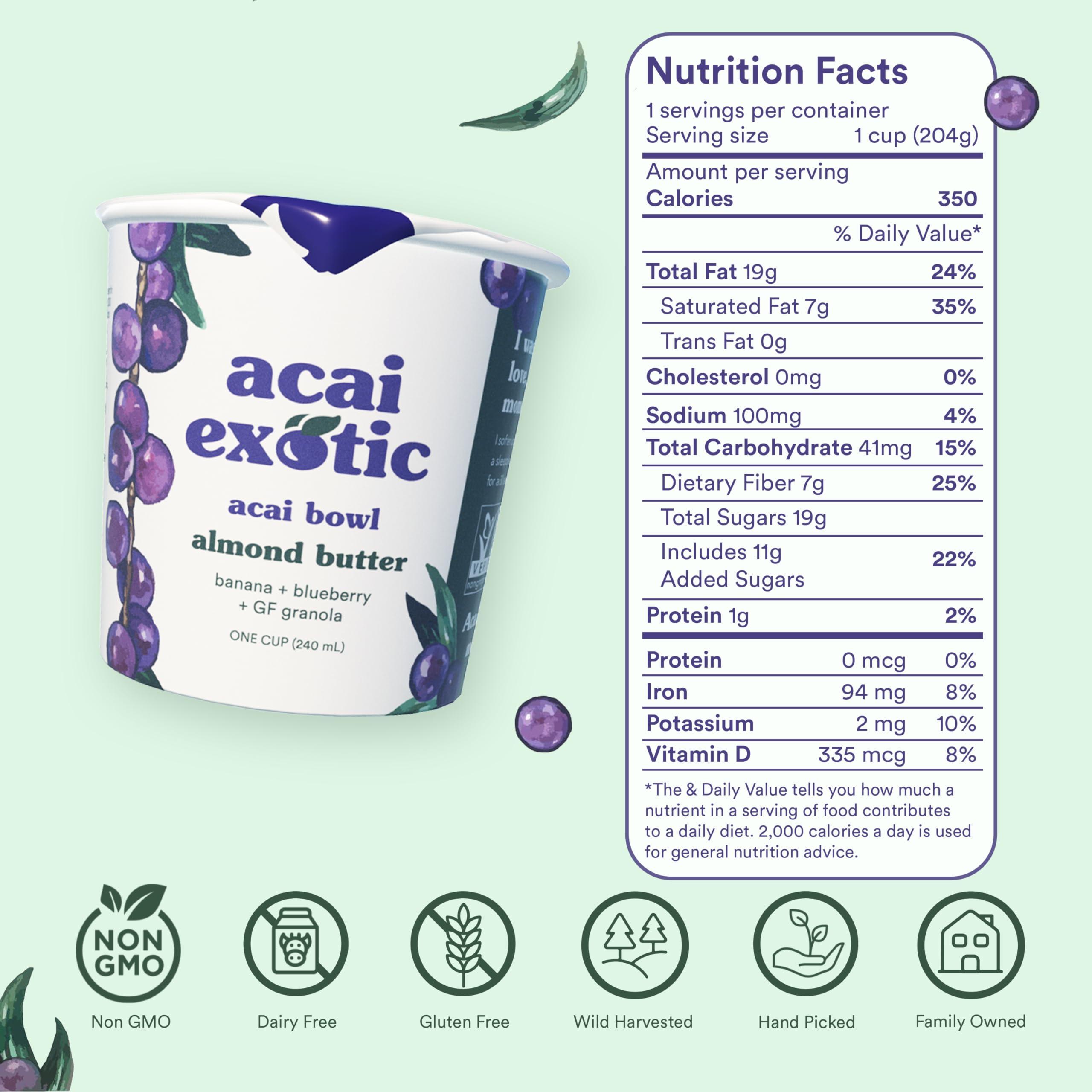 Acai Exotic Acai Bowl - 4 bowl pack - Breakfast or Snack To Go Bowls with Whole Blueberries, Coconut Cream, Whole Grain Oats & Banana Slices, 2 Almond Butter, 2 Hazelnut Cocoa Spread, 8oz RTE acai bowls