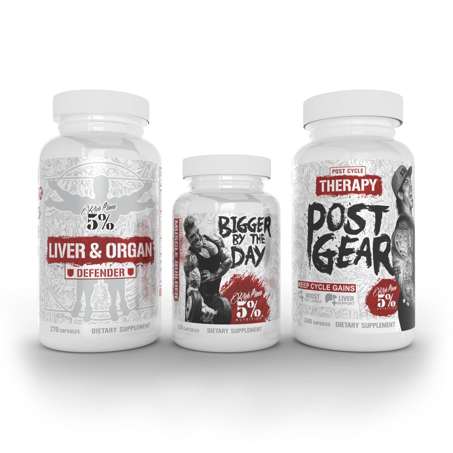 5% Nutrition 5% Nutrition Rich Piana Liver & Organ Defender with NAC + Post Gear PCT + Bigger by The Day (Bundle)