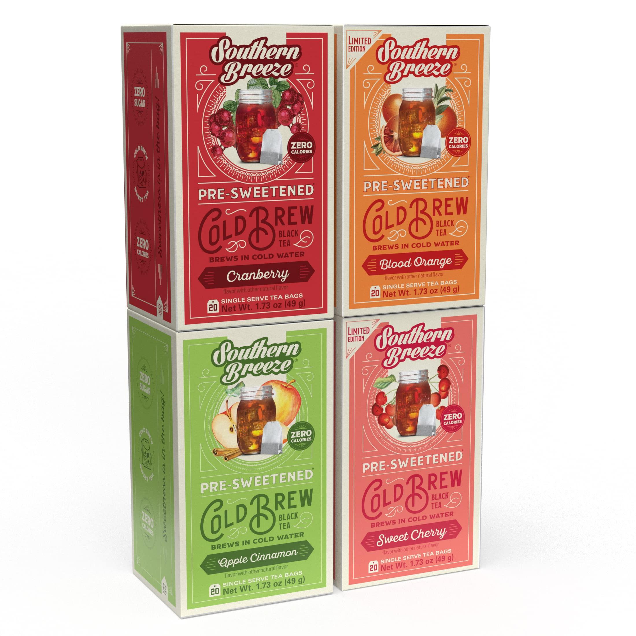 Southern Breeze Southern Breeze Cold Brew Sweet Tea Variety Pack Iced Tea with Black Tea and Zero Carbs Zero Sugar, 20 Individually Wrapped Tea Bags, Pack of 4, Sweet Cherry, Blood Orange, Cranberry & Apple Cinnamon