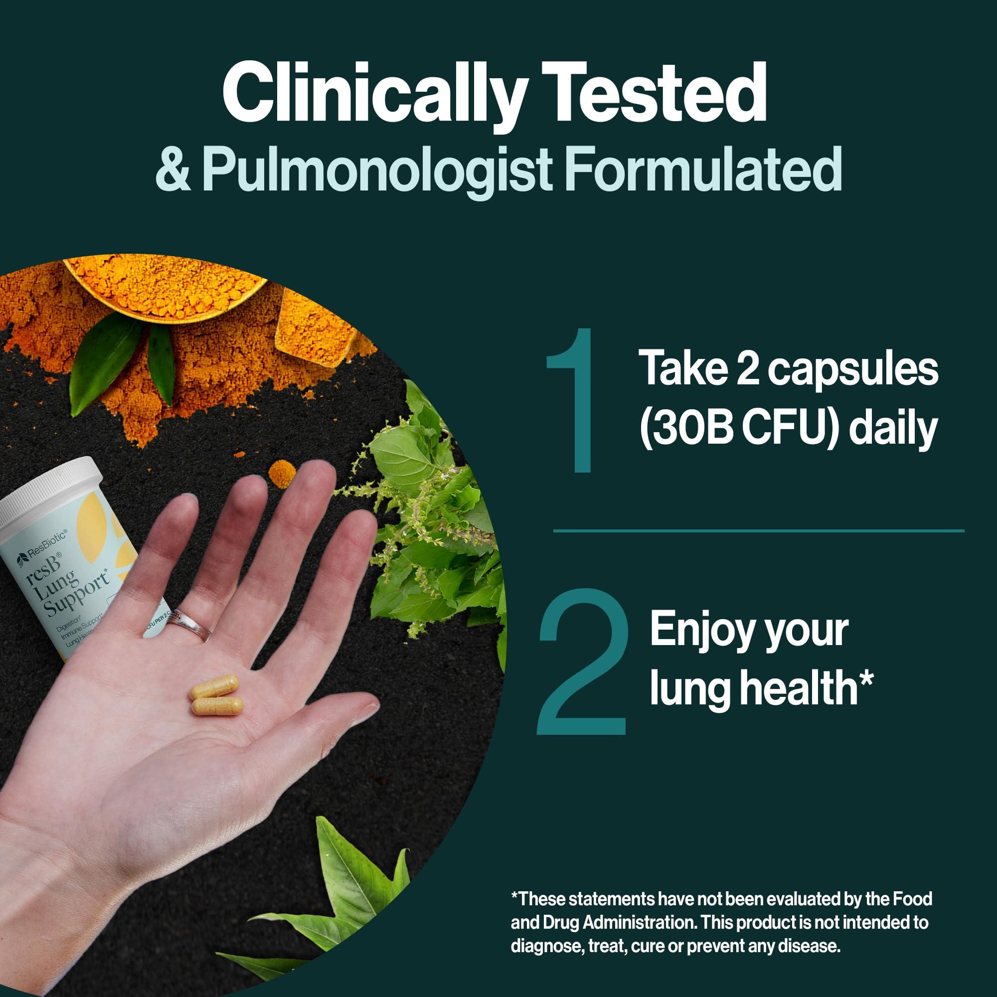 ResBiotic resbiotic resB Lung Support Probiotic Supplement - Lung Health Supplement for Smokers, Gut Health, Immune & Digestive Support, Respiratory Care, Holy Basil & Turmeric, Clinically Trialed - 60 Capsules