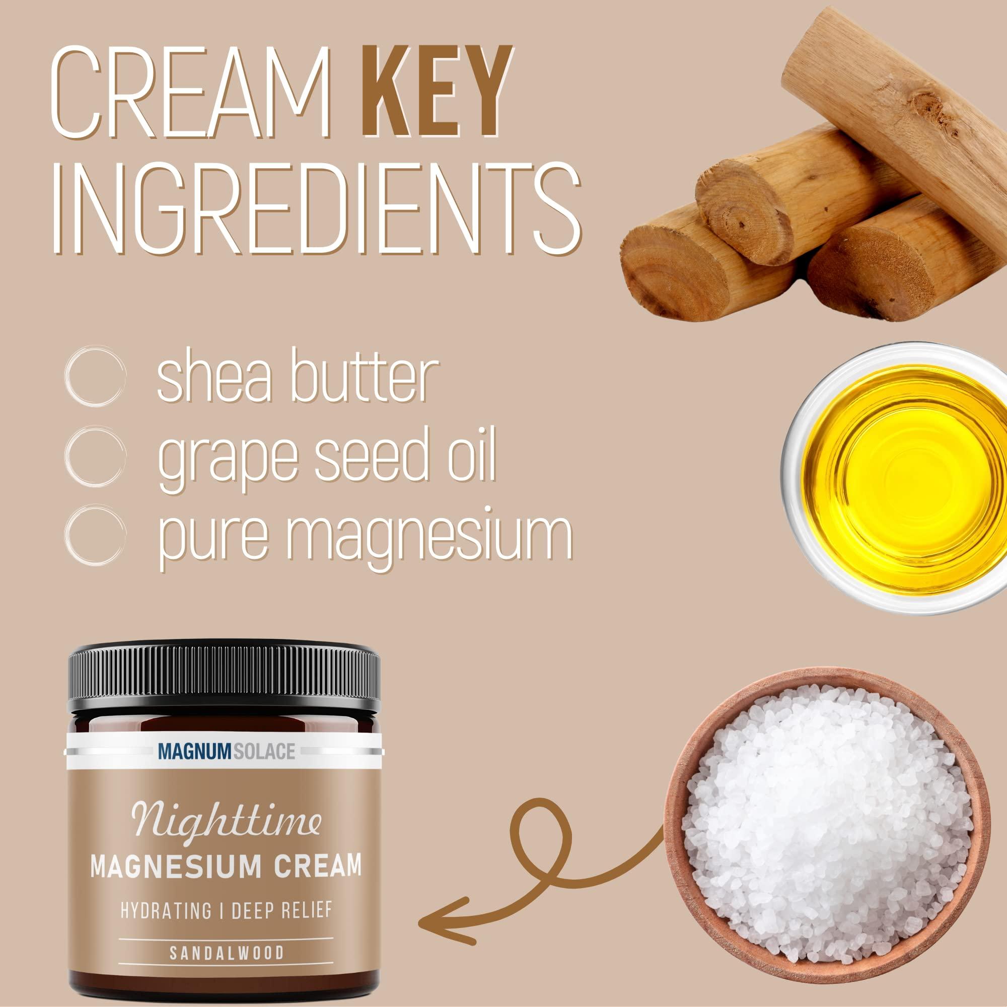 Magnum Solace Magnesium Lotion  Nighttime Magnesium Cream  Apply to Leg Muscles, Arms or Chest - Topical Magnesium Chloride  USA Made and Safe for Kids (Sandalwood)