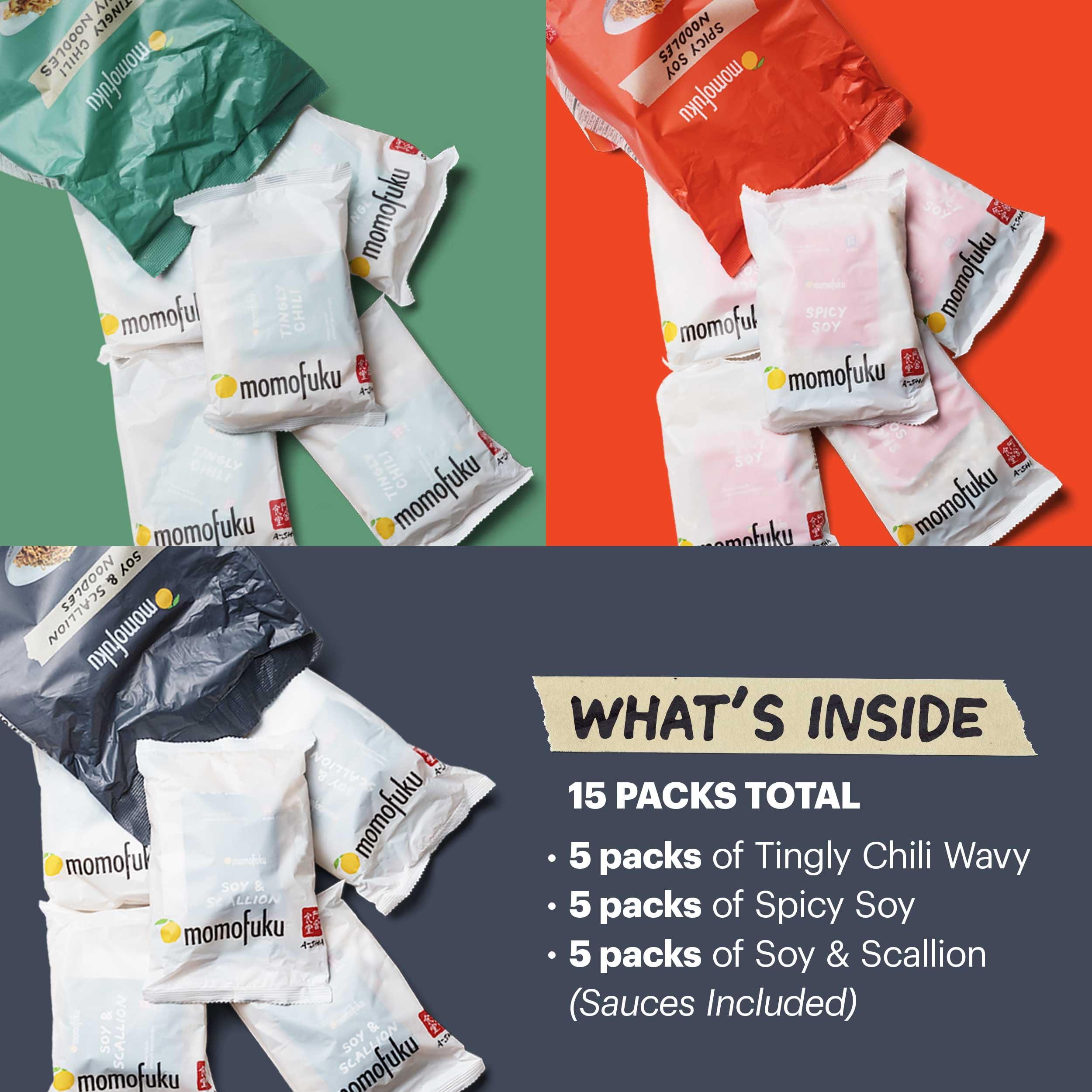 MOMOFUKU Momofuku Ramen Noodle Variety Pack by David Chang, 15 Count (Pack of 3) Air-Dried Vegan Instant Noodles with Sauce