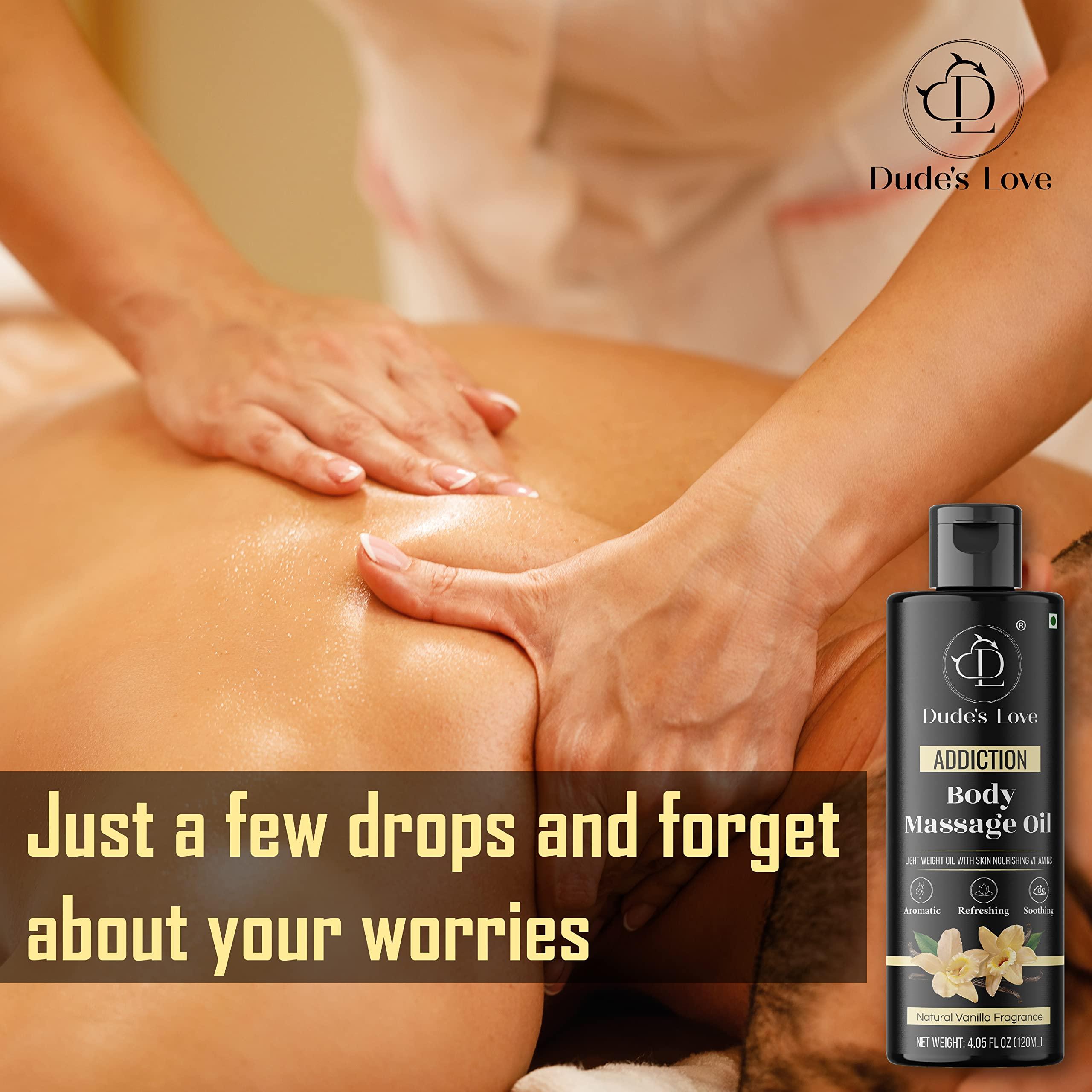 Dude\'s Love Organic - Vanilla Full Body Massage Oil - No Stain & Non-Sticky | with Fractionated Coconut Oil, Vanilla & Jasmin Oil | for Massage Therapy - 4.05 Fl Oz