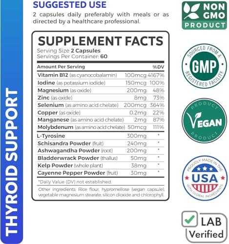 Healths Harmony Thyroid Support with Iodine - 120 Capsules (Non-GMO) Improve Your Energy - Ashwagandha Root, Zinc, Selenium, Vitamin B12 Complex - Thyroid Health Supplement for Women and for Men - 60 Day Supply
