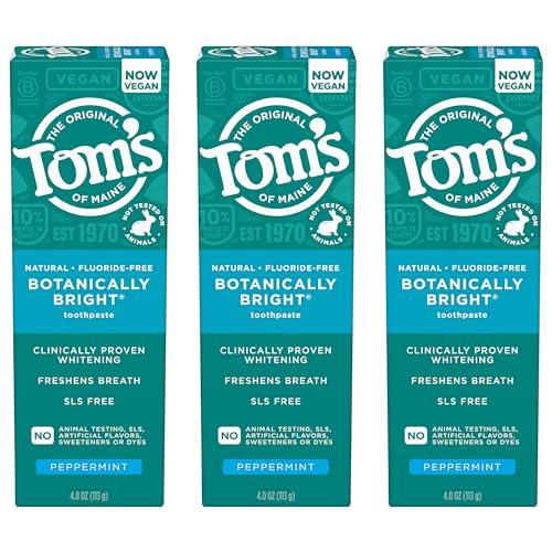 Tom\'s of Maine Toms of Maine Botanically Bright Natural Whitening Toothpaste, Fluoride Free and SLS Free, Vegan, Peppermint, 3 Pack, 4.0 Oz