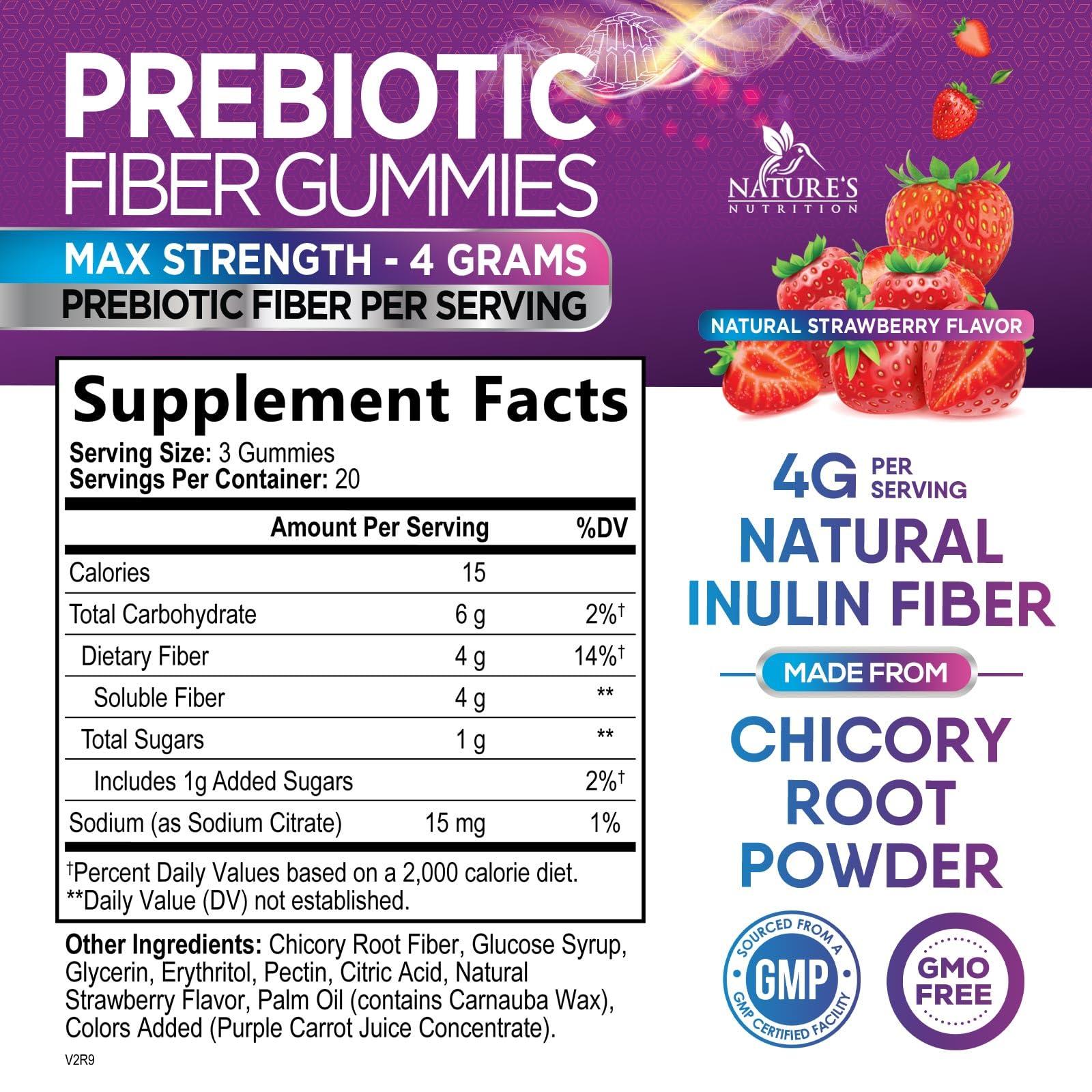 Nature's Nutrition Fiber Gummies for Adults, Daily 4g Gummy Fiber Supplement, Prebiotic Digestive Health Support - Plant Based Soluble Fiber, Supports Regularity & Digestion for Adults Non-GMO - 60 Gummies