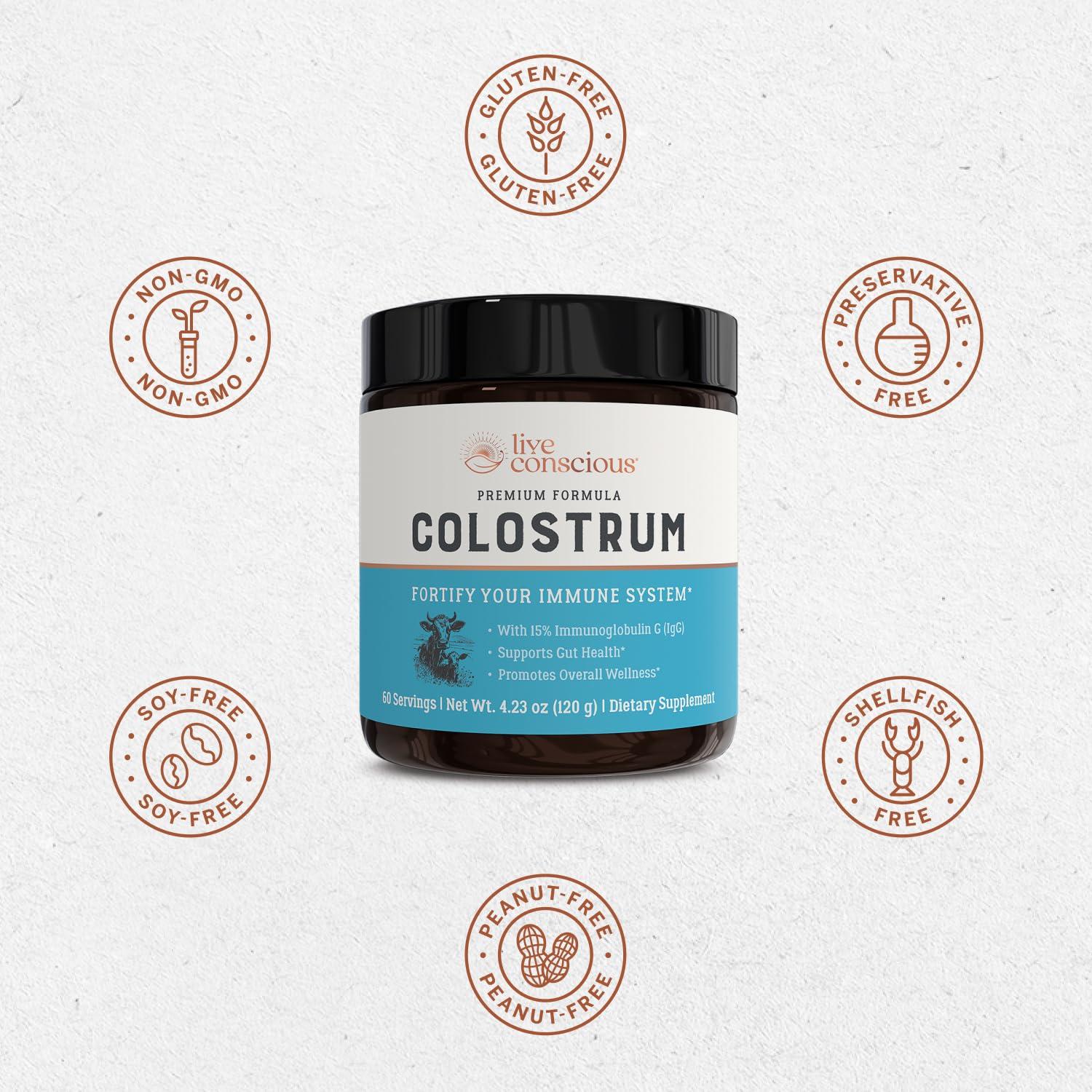 Live Conscious Live Conscious Colostrum Powder - Grass Fed Colostrum Supplement with Lactoferrin for Iron Absorption - Bovine Colostrum an Immune System Supplement