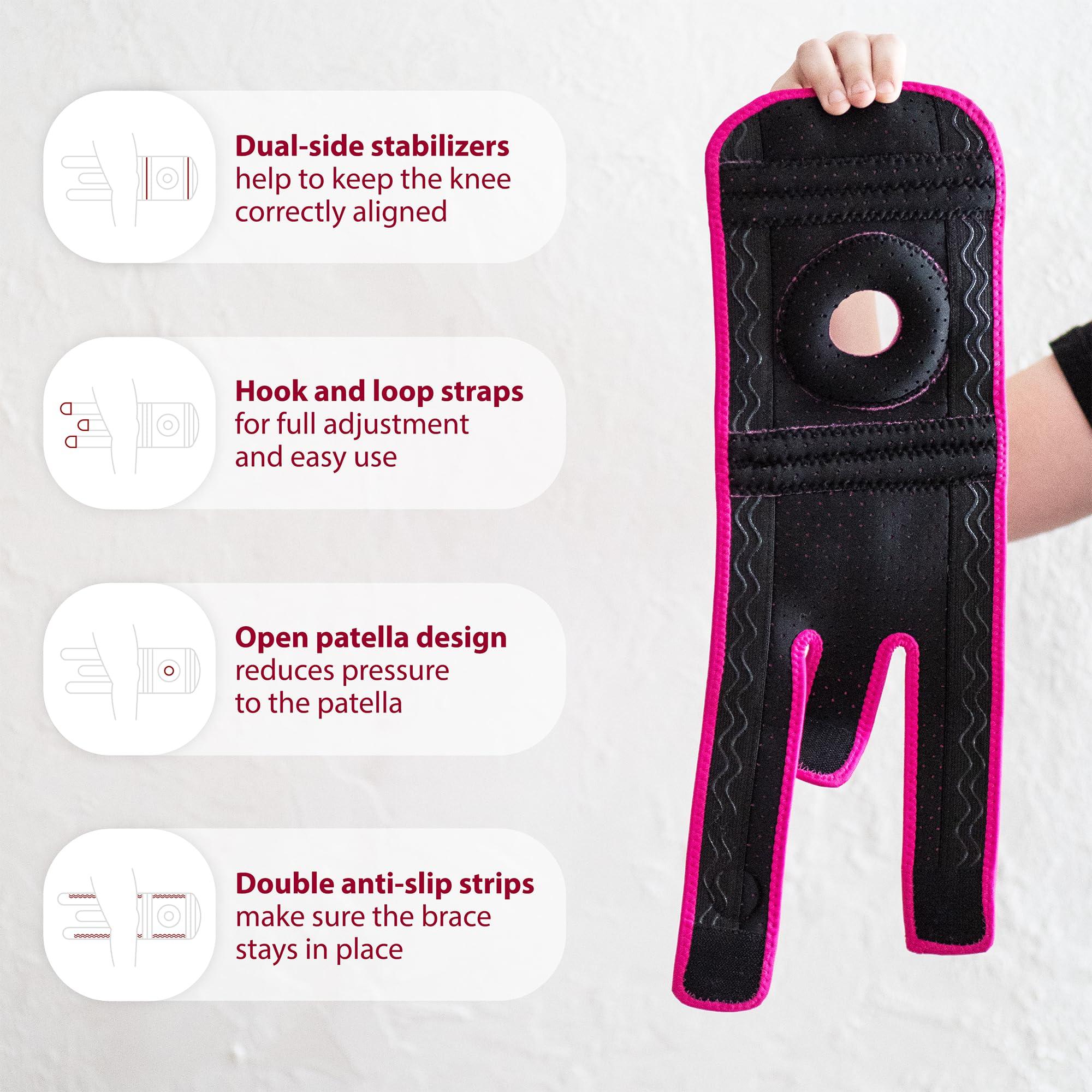 KARM KARM Kids Knee Brace - Osgood Schlatter Knee Brace Youth for Kids, Sports, Pain, Arthritis, Patella, Meniscus Tear, MCL, ACL - Adjustable Compression Support for Child, Boys & Girls (Pink)