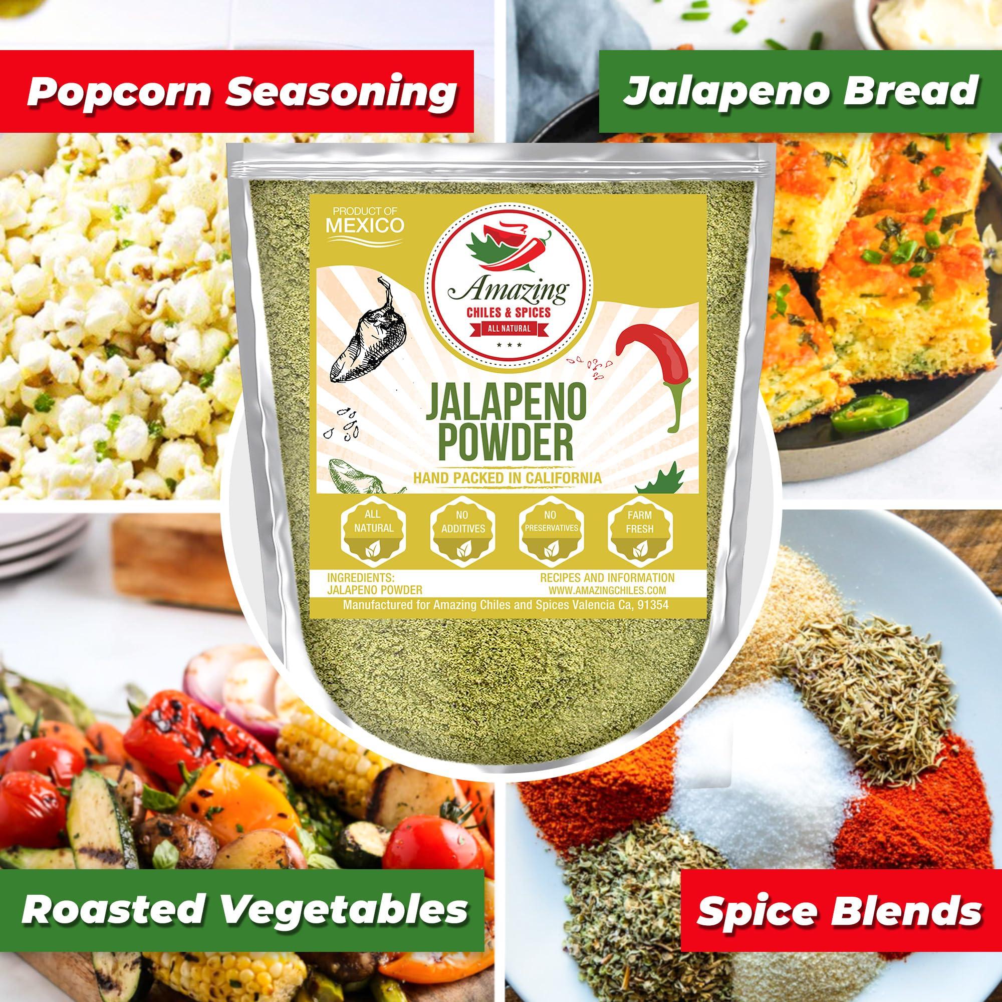 Amazing Chiles & Spices Jalapeno Powder Seasoning 8oz – Natural and Premium. Great For Chili, Salsa, Spice Blends, Stews, Tacos, Corn Bread. Medium to High Heat - fruity, spicy hot flavor. By Amazing Chiles & Spices.
