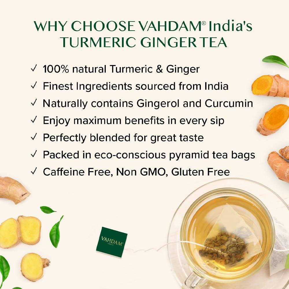 VAHDAM VAHDAM, Turmeric Ginger Herbal Tea Bags (100 Pyramid Tea Bags) Caffeine Free, Non GMO, Gluten Free | 100% Pure Herbal Blend - Savory & Spicy | Plant-Based Tea Bags | Resealable Ziplock Pouch