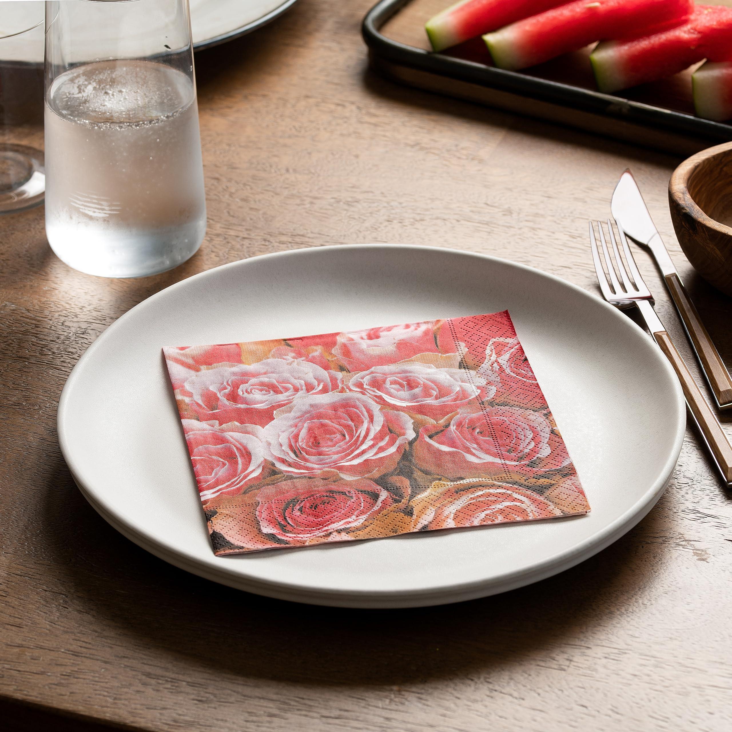 ESKAY PRODUCTS Pink Roses Lunch Napkins for Cocktails, Appetizers, Bar Drinks, Birthdays and Wedding Events, Thick and Absorbent, (Lunch (20 Count)