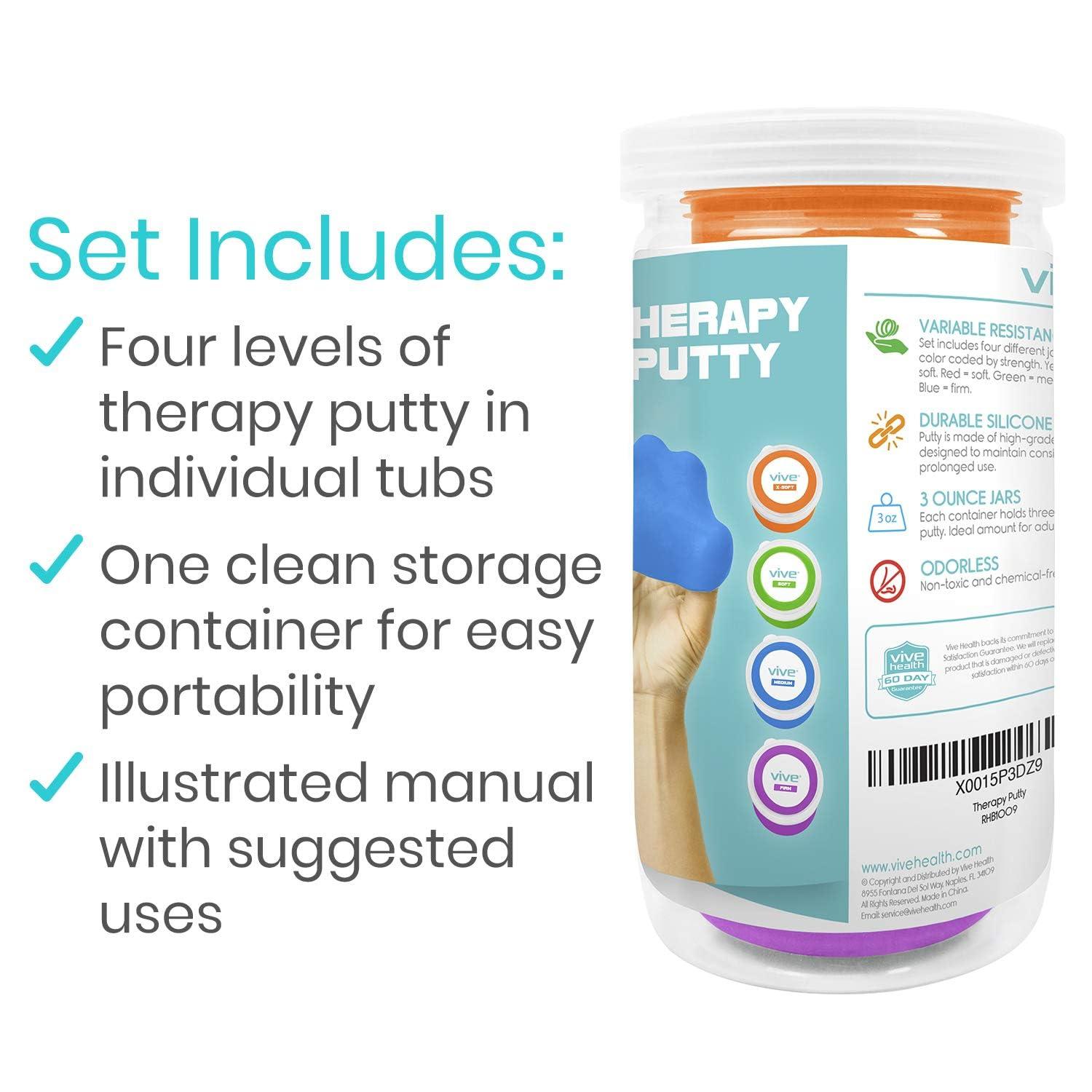 Vive Vive Exercise Putty (4-Pack) - Therapeutic, Occupational and Therapy Tool - Thinking and Stress - Finger, Hand Grip Strength Exercises - Extra Soft, Soft, Medium, Firm Sensory Kit - Squeezable Ball