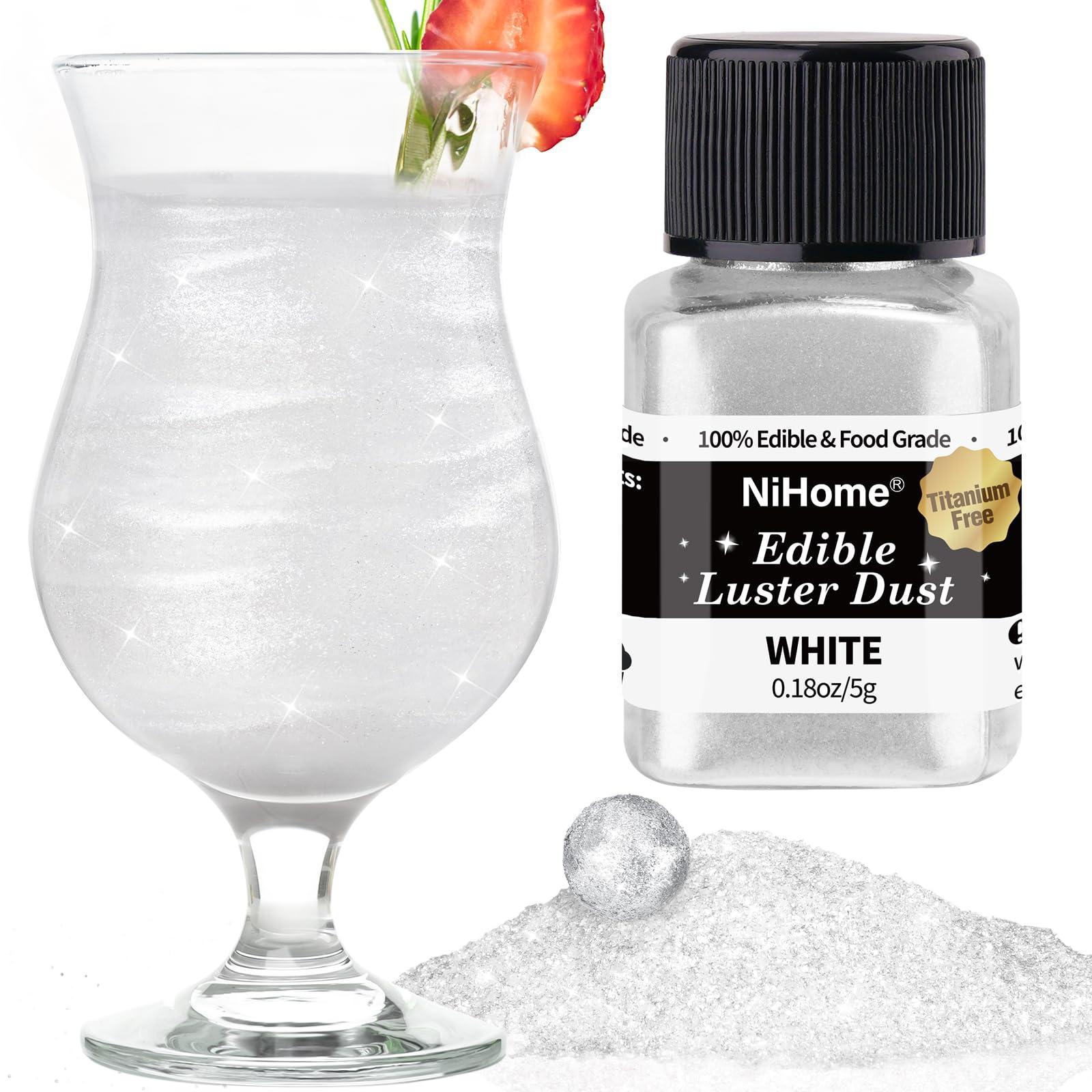 NiHome NiHome 0.18oz/5g Titanium-Free Edible Food-Grade Glitter Powder Glimmer Luster Dust Metallic Fancy Food Decorating Sprinkle Brew Dust for Drink Wine Beverage Cake Bakery Vegan Allergen-Free (White)